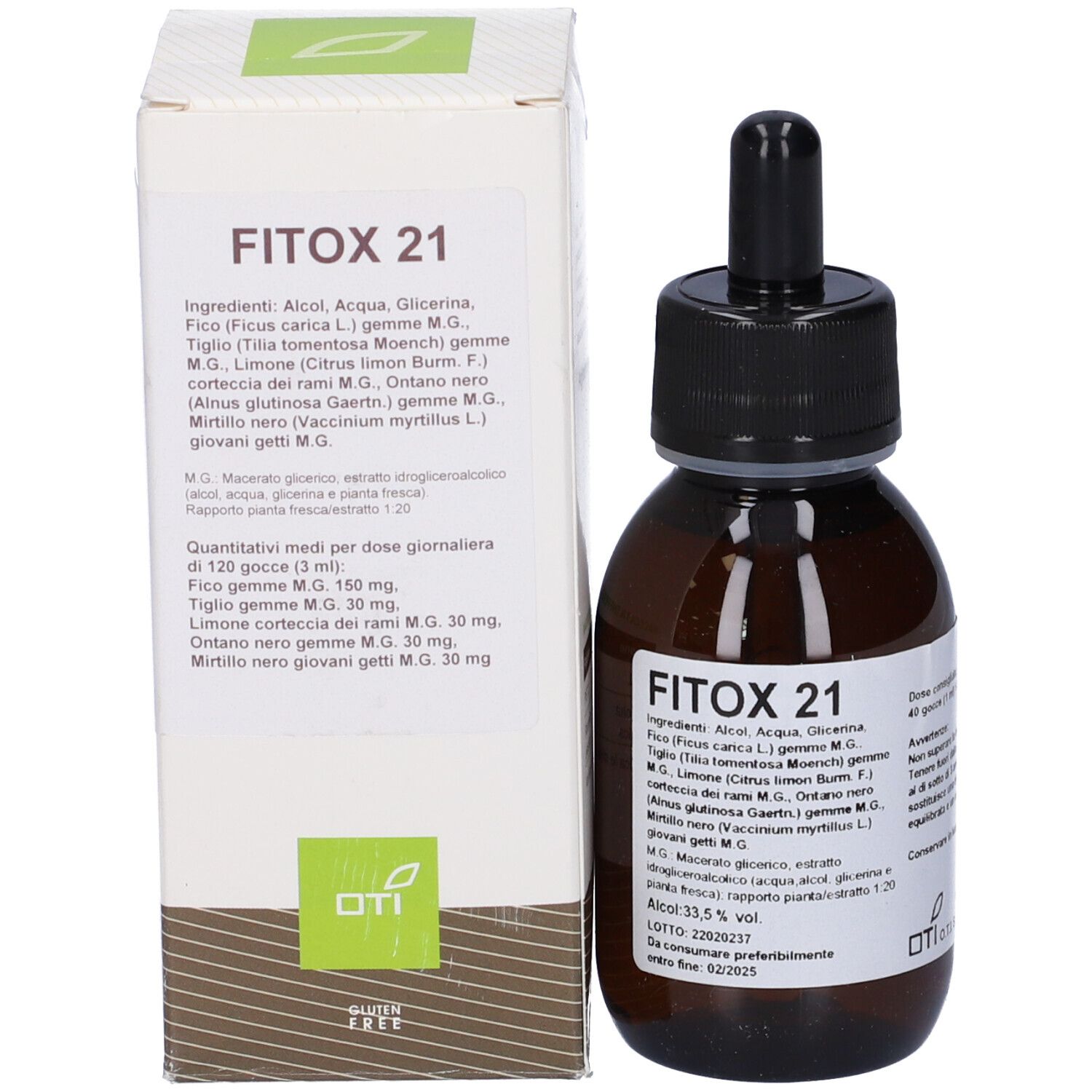 Confezione del prodotto con flacone e scatola. Scritta FITOX 21. Scatola con ingredienti e altre informazioni.