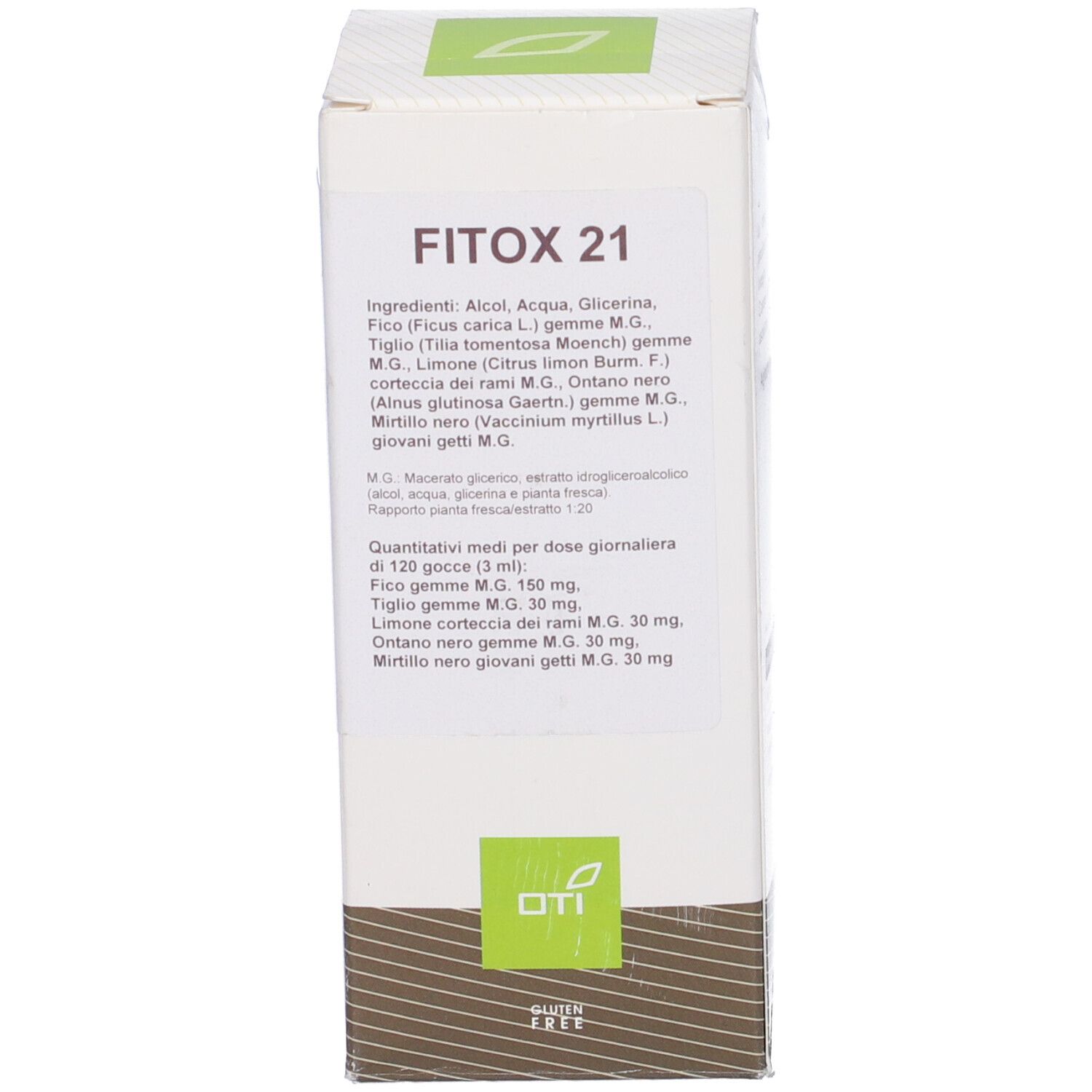 Confezione del prodotto con scatola. Scritta FITOX 21. Scatola con ingredienti e altre informazioni.