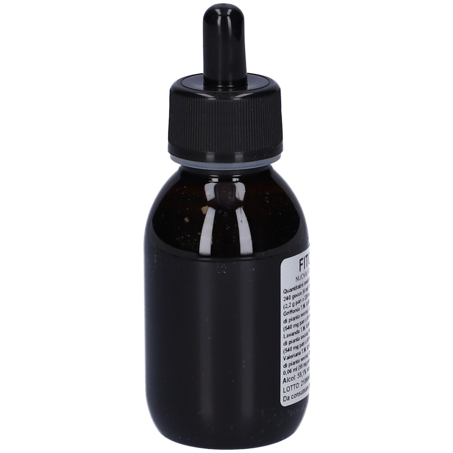 Flacone di vetro marrone con tappo nero e contagocce. Etichetta con testo. Nome prodotto: Fitox 41.