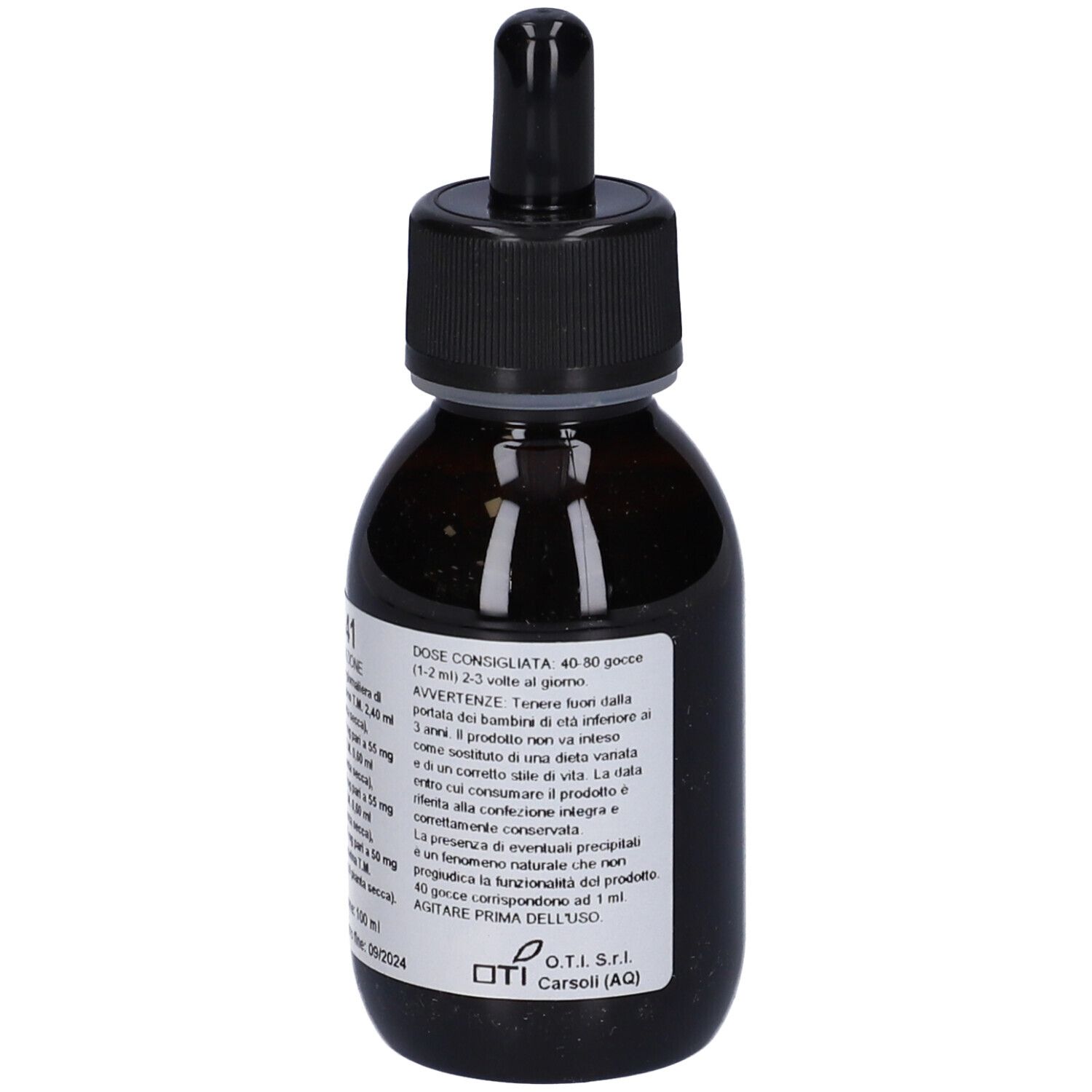 Flacone di vetro marrone con tappo nero e contagocce. Etichetta con testo. Nome prodotto: Fitox 41.