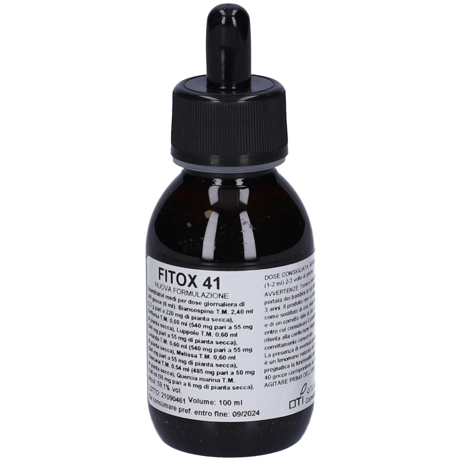 Flacone di vetro marrone con tappo nero e contagocce. Etichetta con testo. Nome prodotto: Fitox 41.