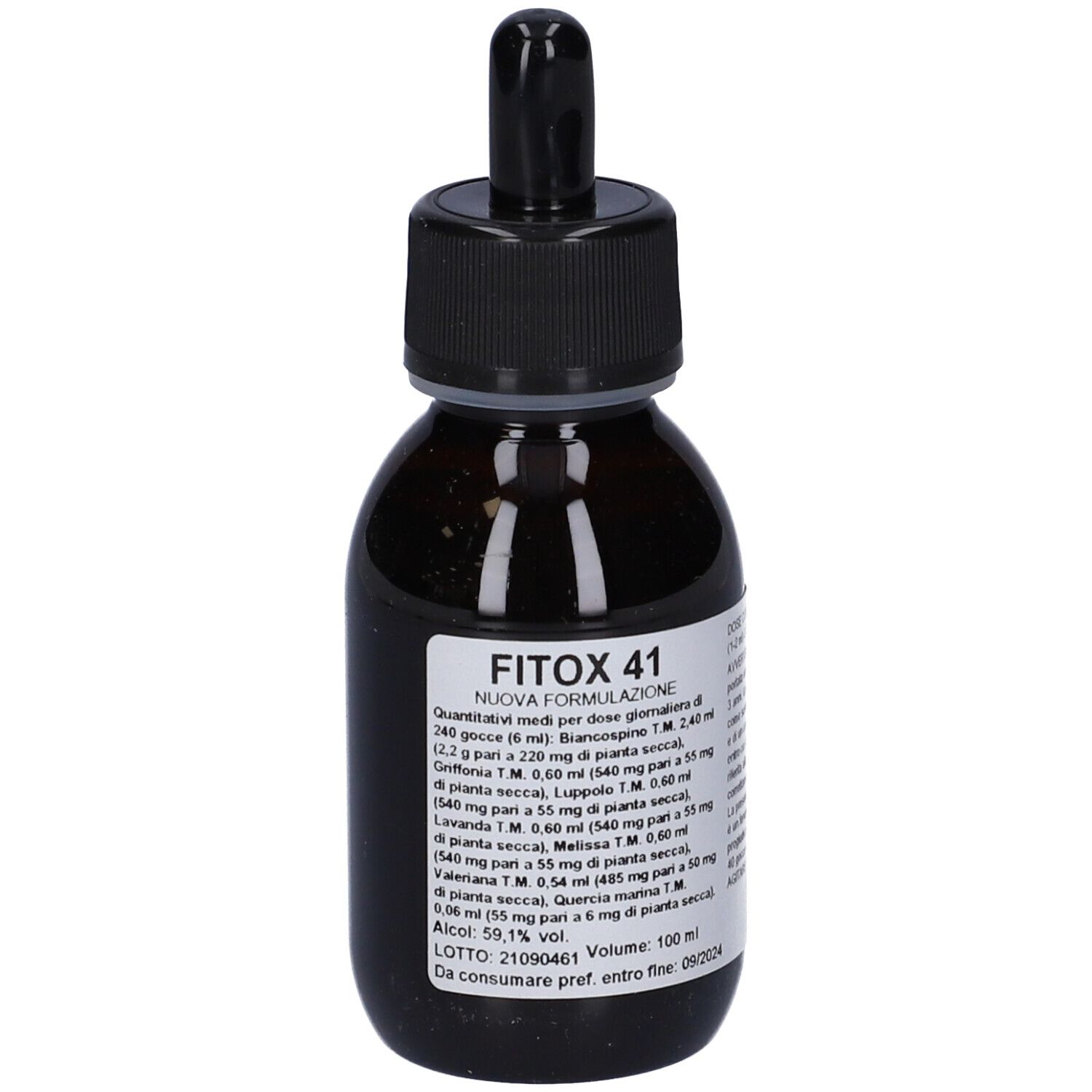 Flacone di vetro marrone con tappo nero e contagocce. Etichetta con testo. Nome prodotto: Fitox 41.