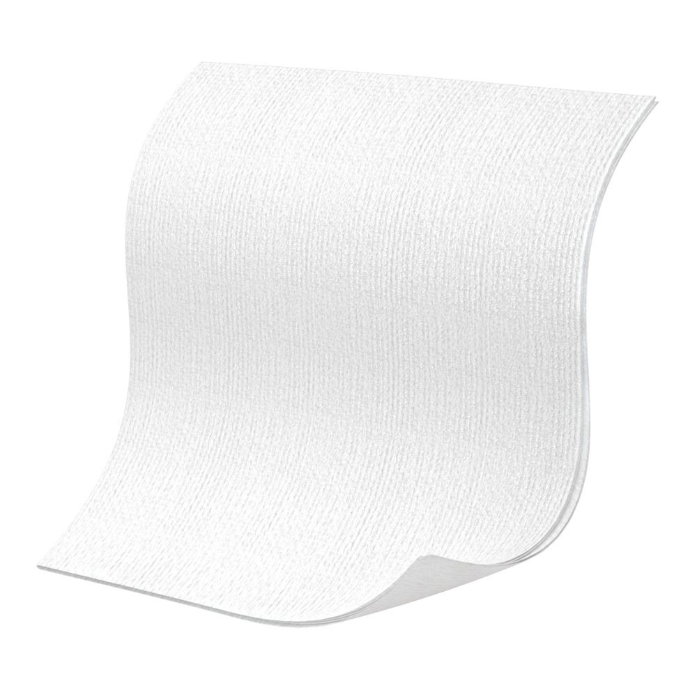 Compressa bianca, tessuta. Leggermente curva, con trama visibile. Sfondo bianco.