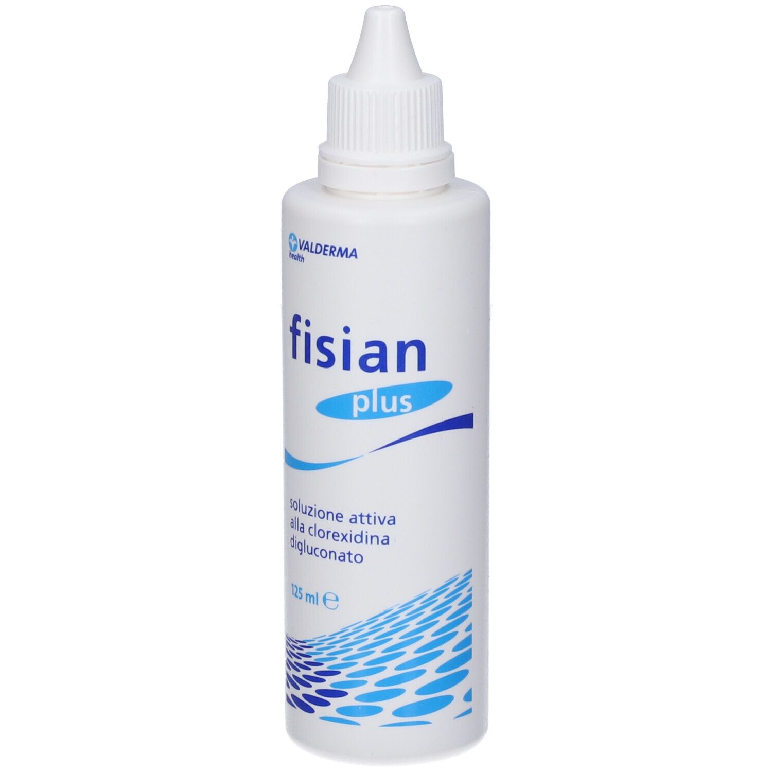 Flacone bianco con contagocce. Scritta: Fisian Plus. Motivi a onde blu. 125 ml.