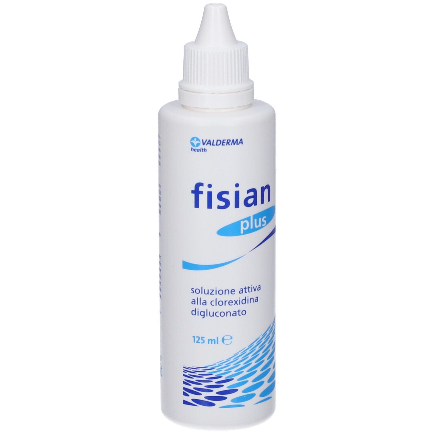 Flacone bianco con contagocce. Scritta: Fisian Plus. Motivi a onde blu. 125 ml.