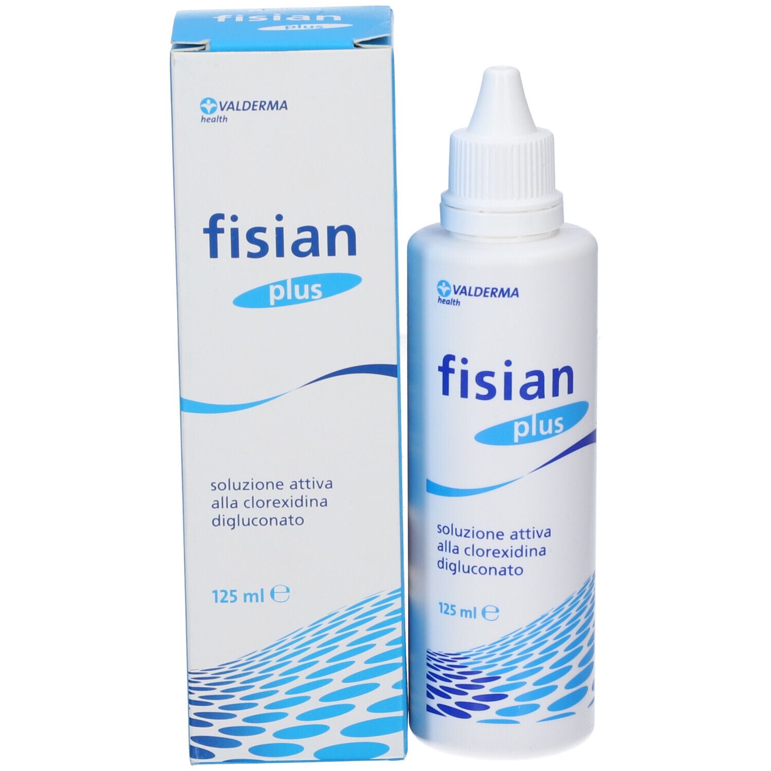 Flacone e scatola. Scritta: Fisian Plus. Motivi a onde blu. 125 ml.