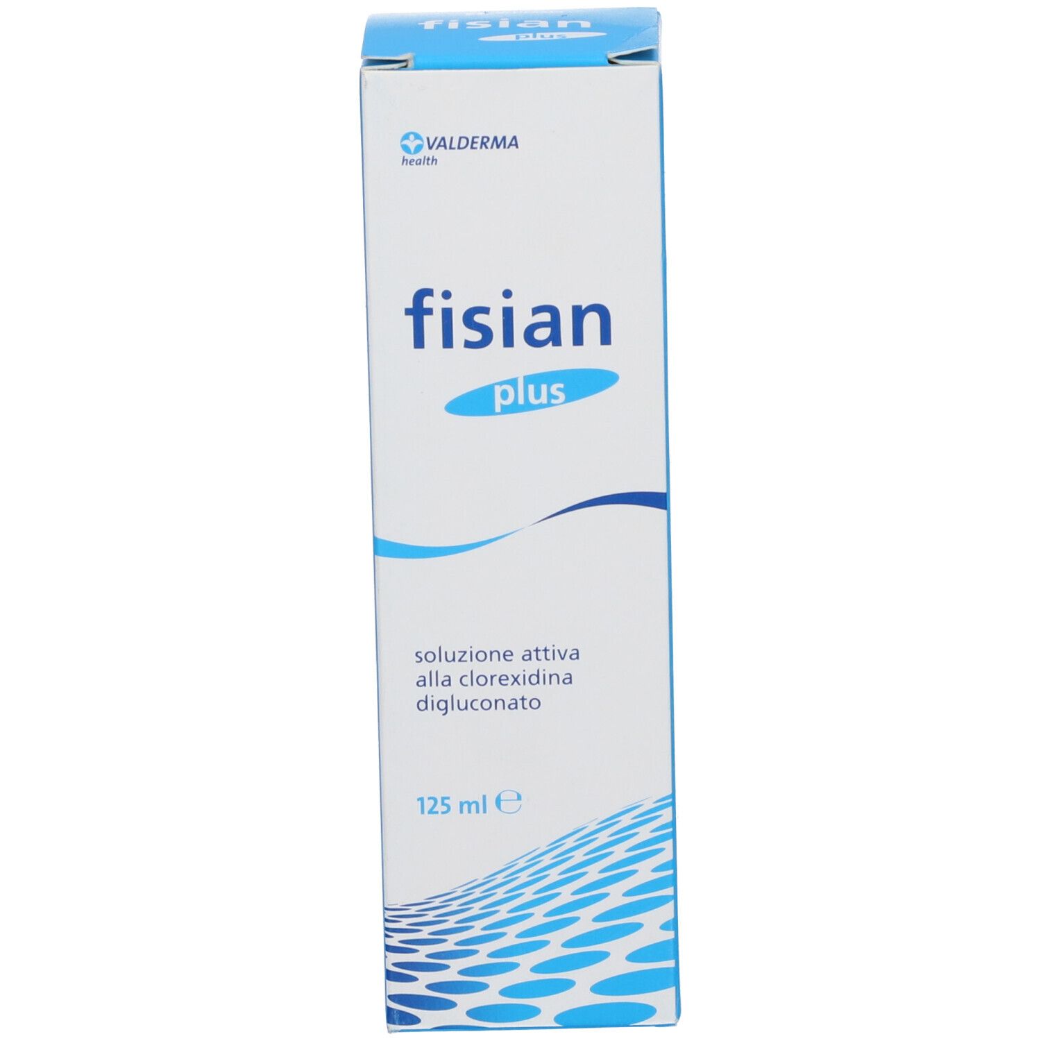 Scatola. Scritta: Fisian Plus. Motivi a onde blu. 125 ml.