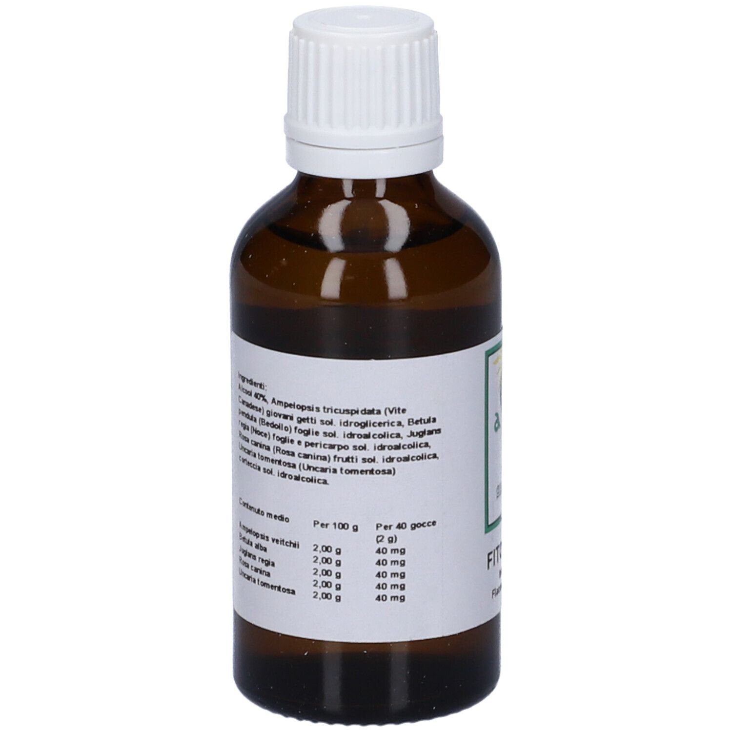 Vista posteriore del flacone di vetro marrone. Etichetta con ingredienti e informazioni nutrizionali. Tappo bianco.