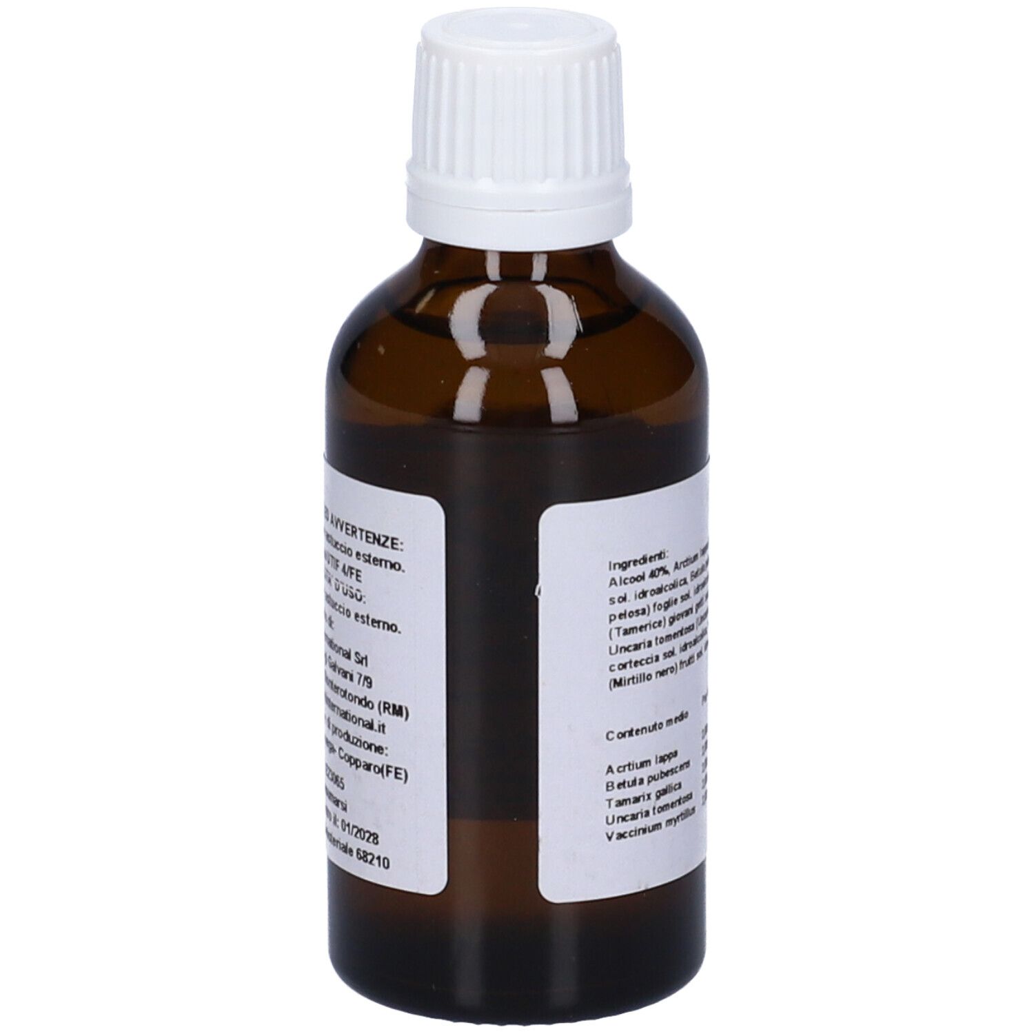 Flacone di vetro marrone con tappo bianco. Etichetta con avvertenze e ingredienti.