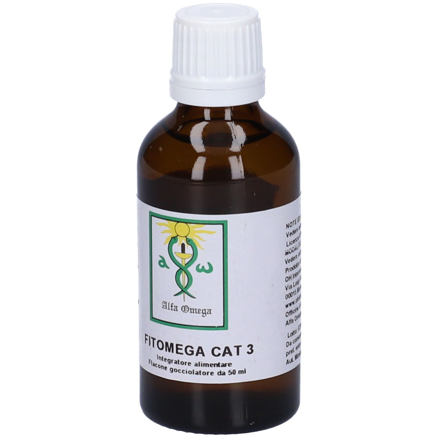 Flacone di vetro marrone con tappo bianco. Etichetta con logo e scritta: Fitomega Cat 3.