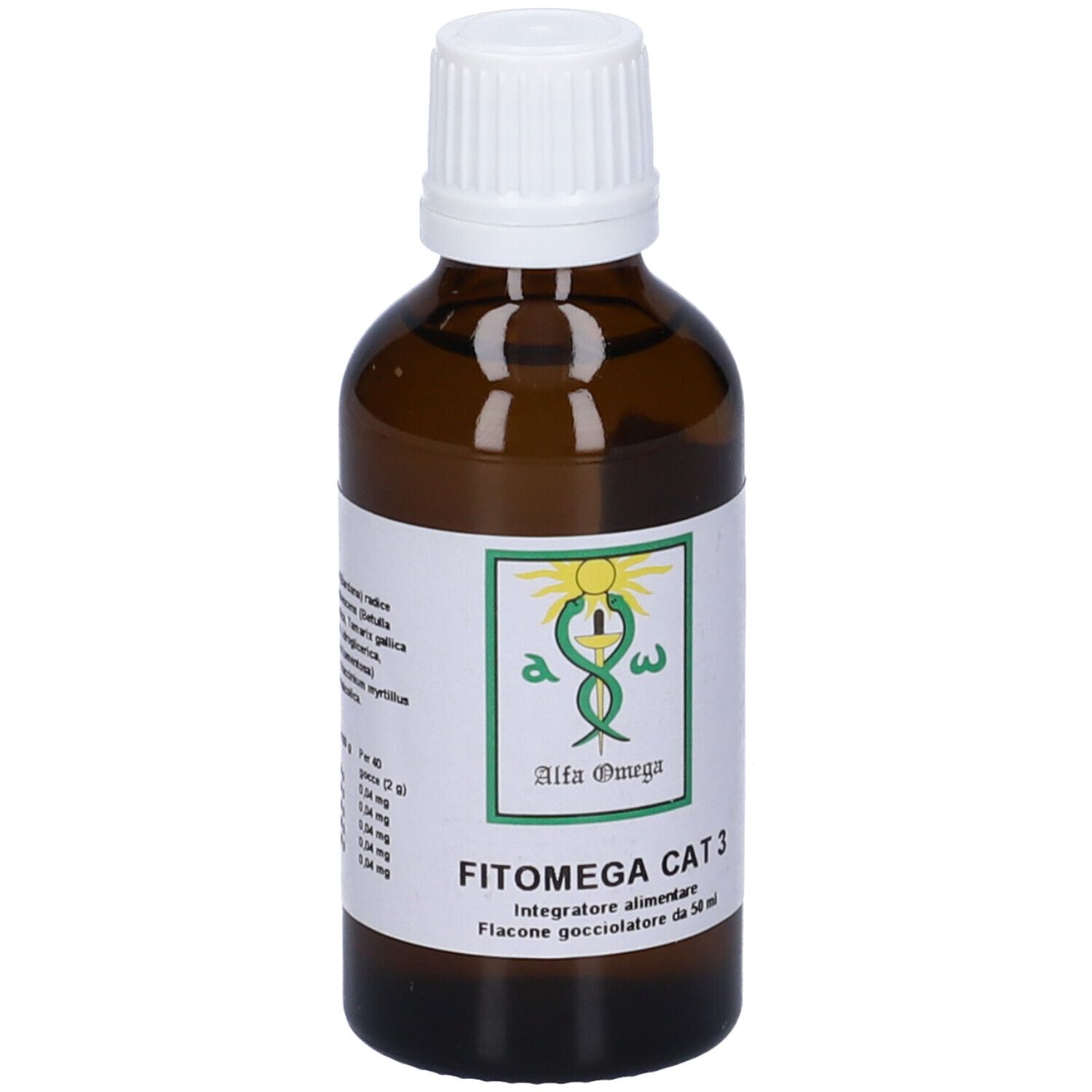 Flacone di vetro marrone con tappo bianco. Etichetta con ingredienti e informazioni nutrizionali.