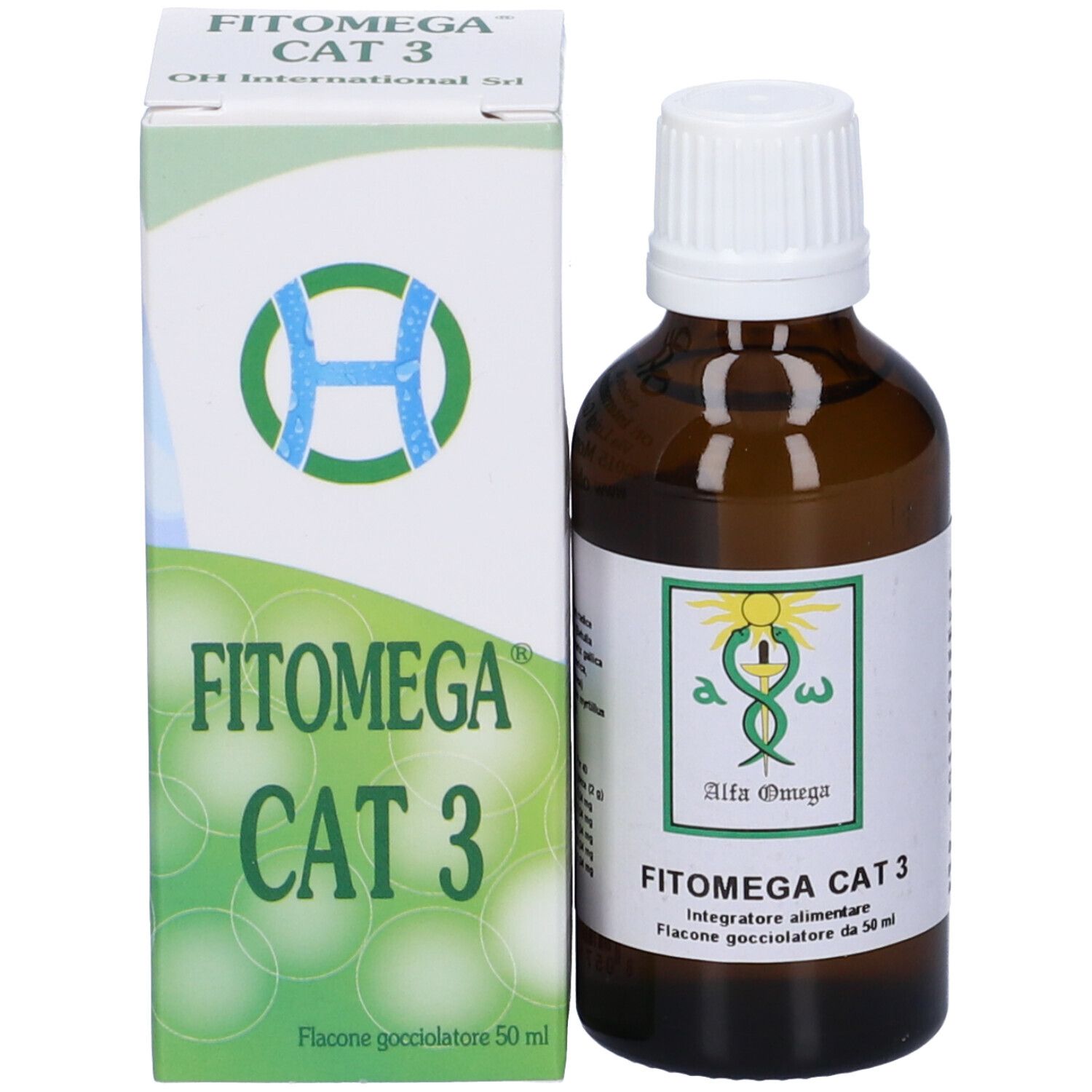 Flacone di vetro marrone e scatola. Scritto: Fitomega Cat 3. Flacone contagocce.
