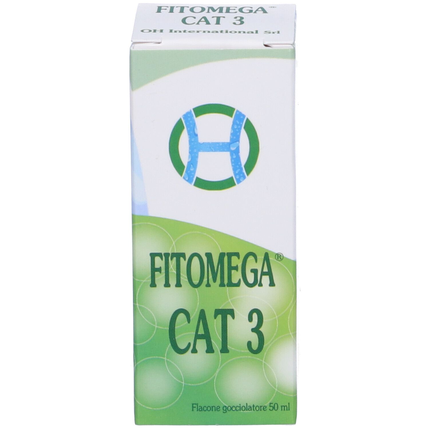 Scatola con scritta: Fitomega Cat 3. Flacone contagocce.