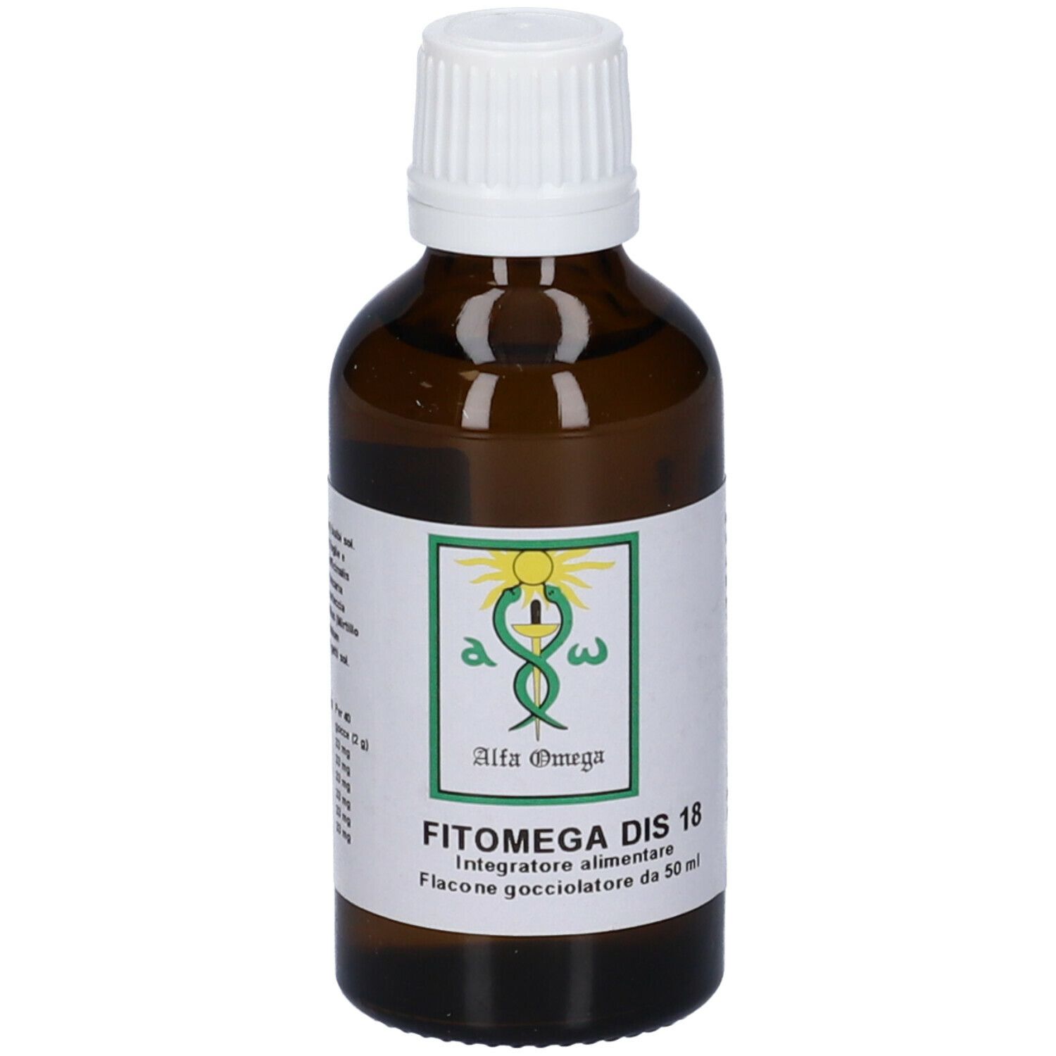 Flacone di vetro marrone con tappo bianco. Etichetta con nome prodotto FITOMEGA DIS 18 e logo.