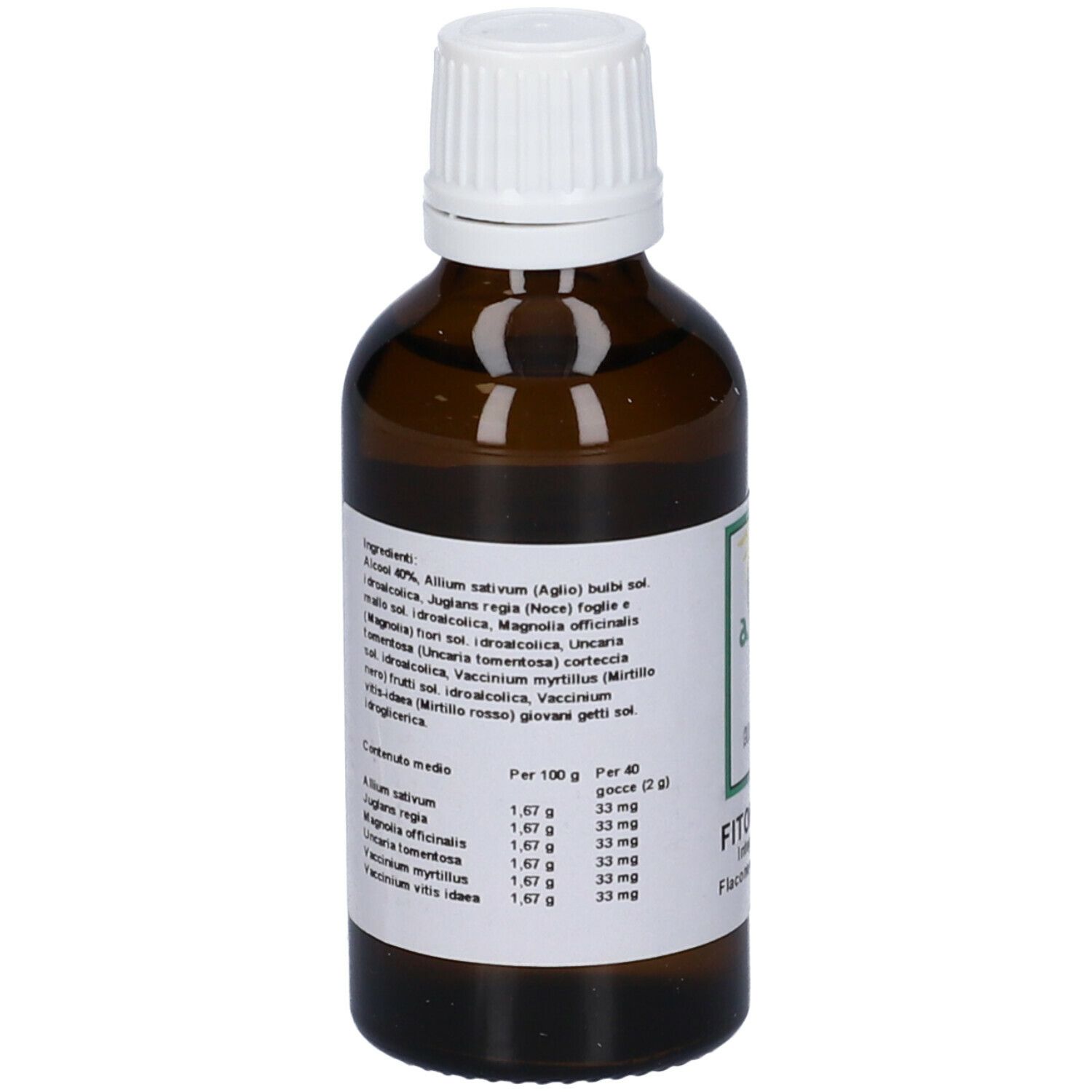 Flacone di vetro marrone con tappo bianco. Etichetta con ingredienti e informazioni sul prodotto.