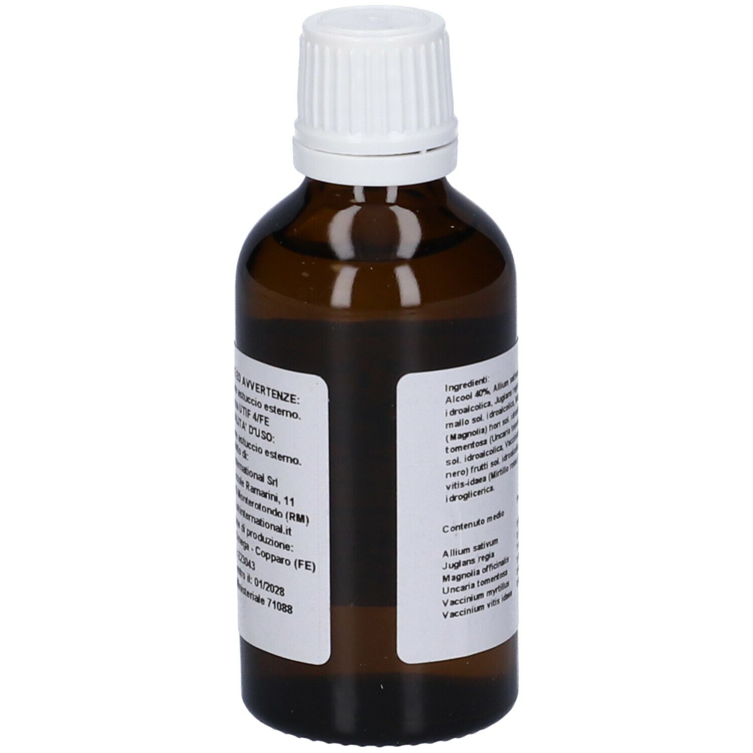Flacone di vetro marrone con tappo bianco. Etichetta con avvertenze e informazioni del produttore.
