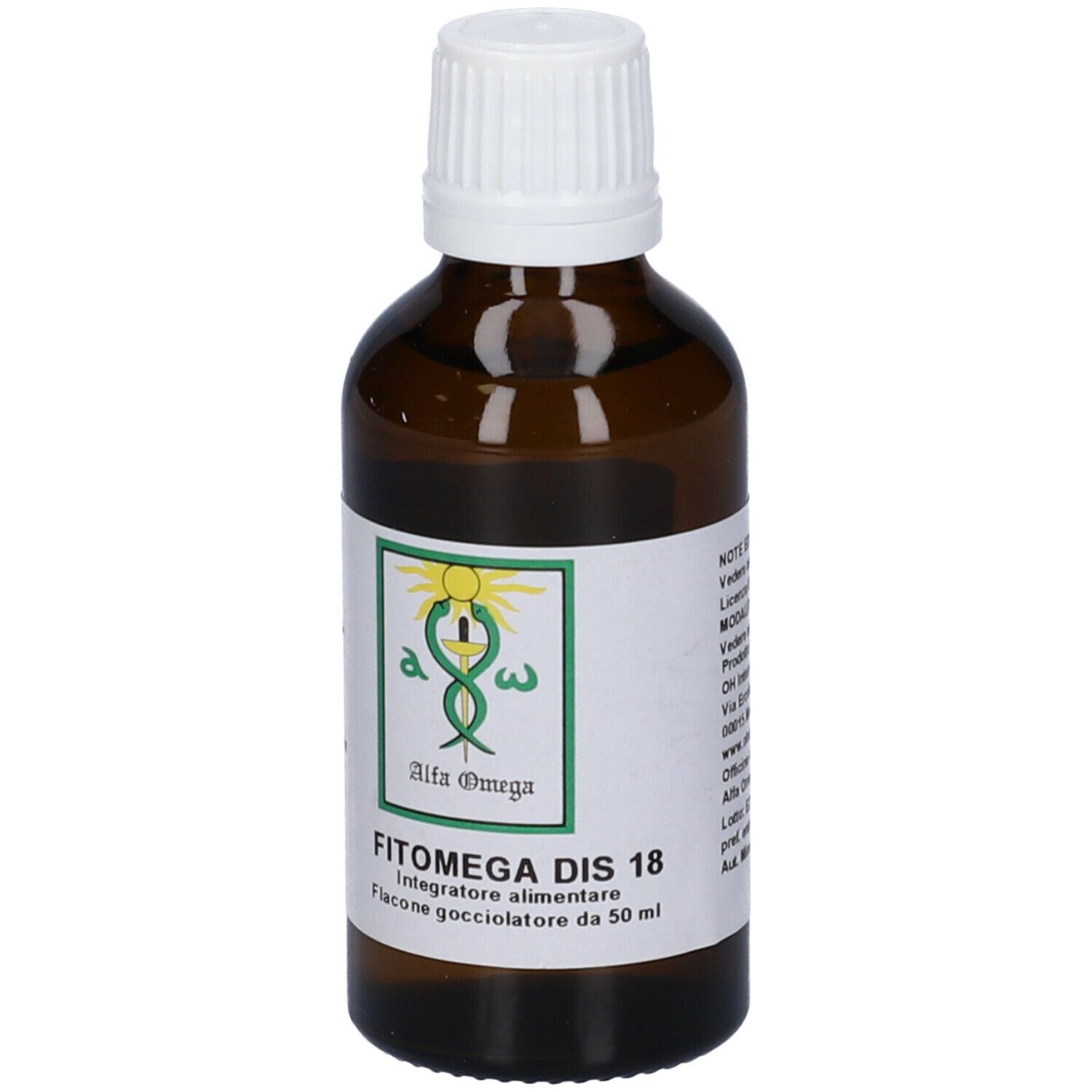 Flacone di vetro marrone con tappo bianco. Etichetta con nome prodotto FITOMEGA DIS 18 e logo.