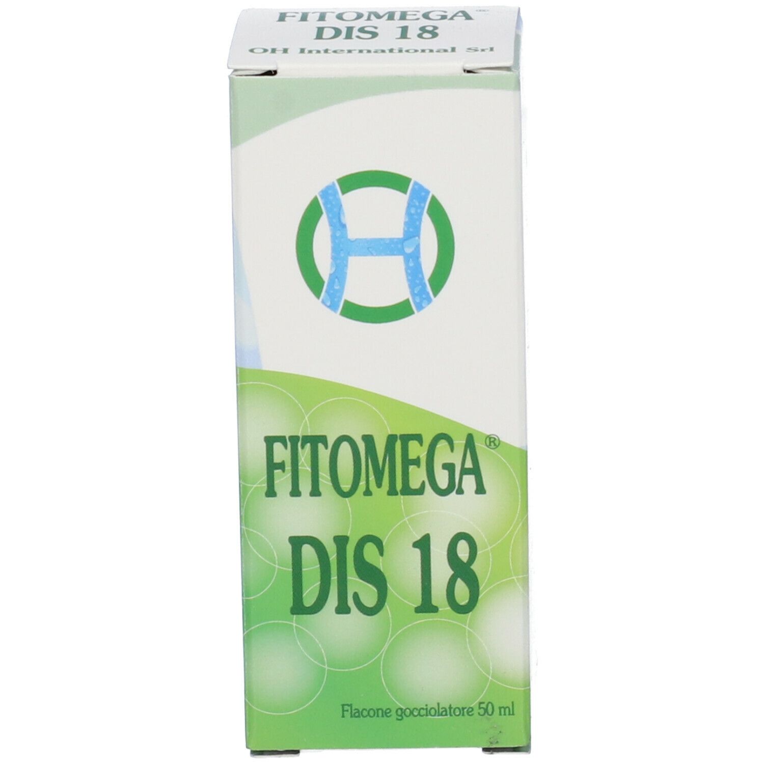 Scatola con nome prodotto FITOMEGA DIS 18. Confezione verde e bianca con logo e informazioni.