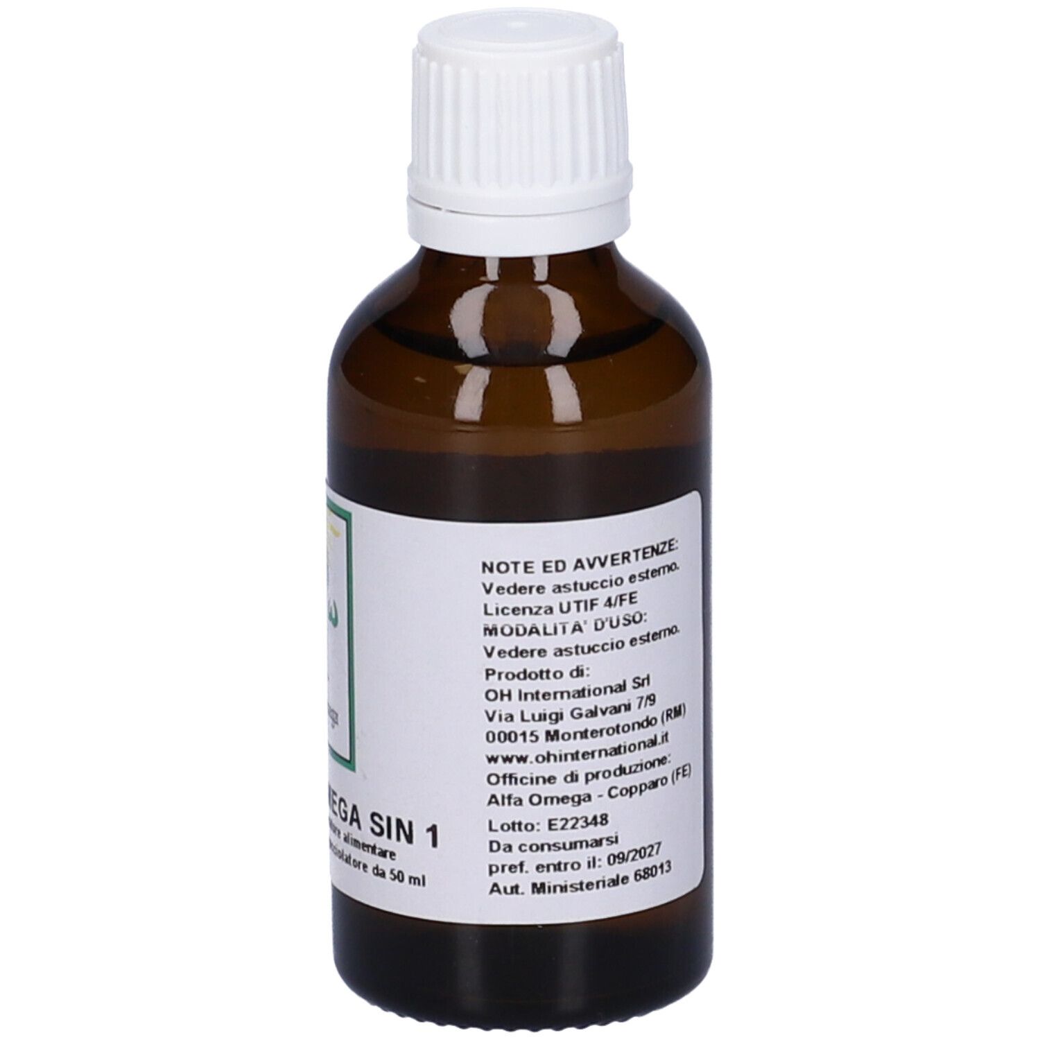 Flacone di vetro marrone con tappo bianco. Etichetta con informazioni del produttore e avvertenze. Liquido visibile.