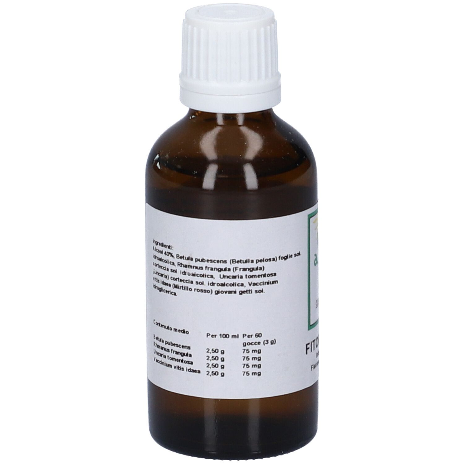 Flacone di vetro marrone con tappo bianco. Etichetta con ingredienti. Flacone contagocce.