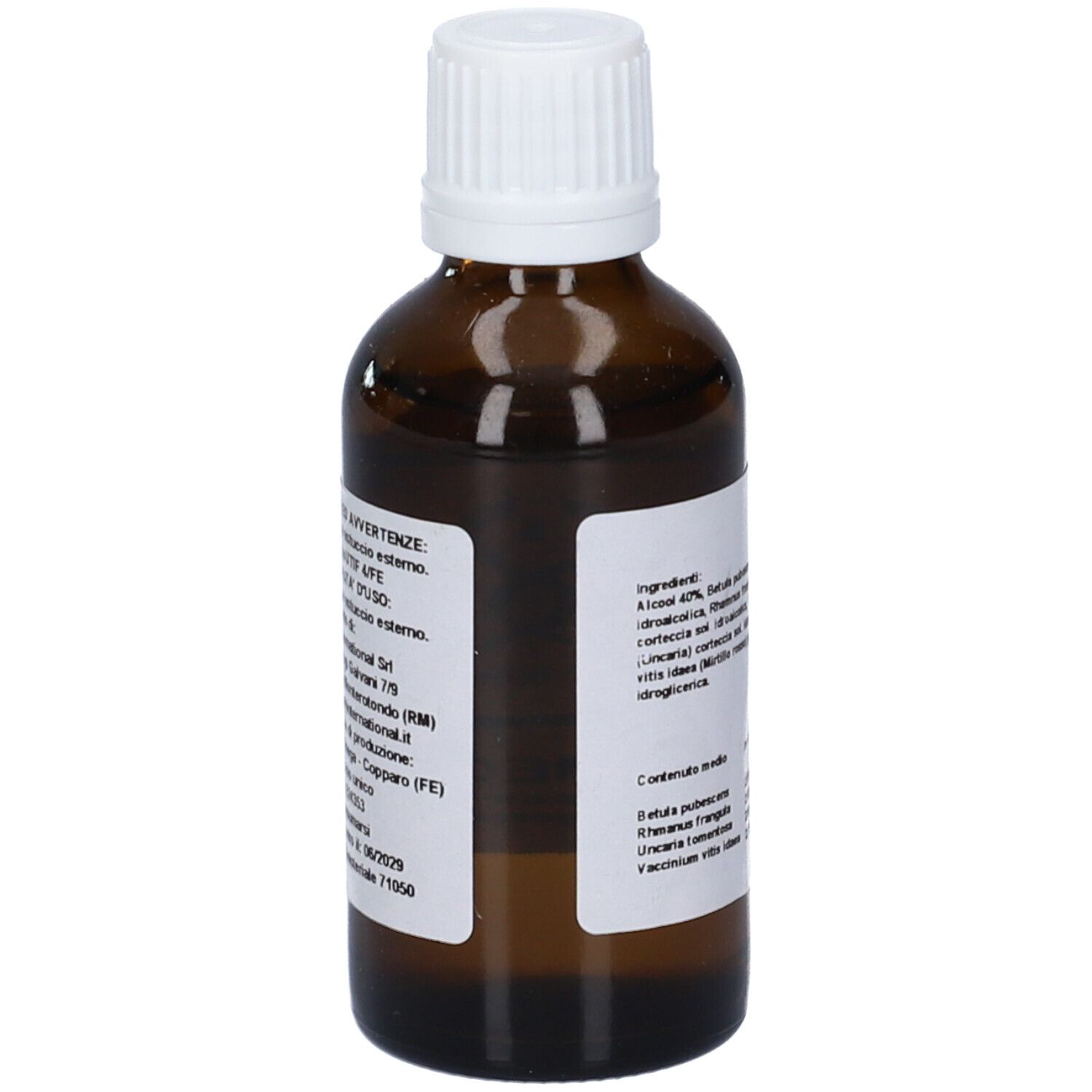 Flacone di vetro marrone con tappo bianco. Etichetta con avvertenze. Flacone contagocce.