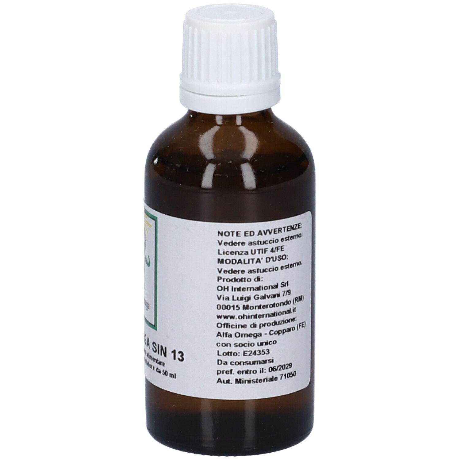 Flacone di vetro marrone con tappo bianco. Etichetta con informazioni. Flacone contagocce.