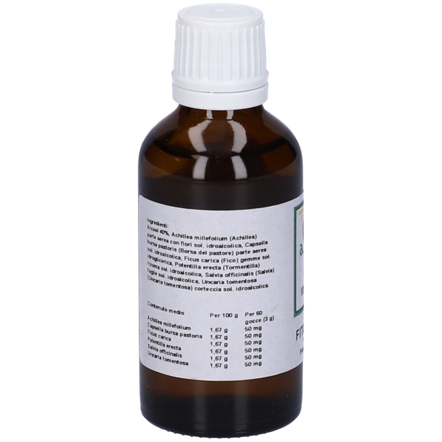 Flacone di vetro marrone con tappo bianco. Etichetta con ingredienti e informazioni nutrizionali.