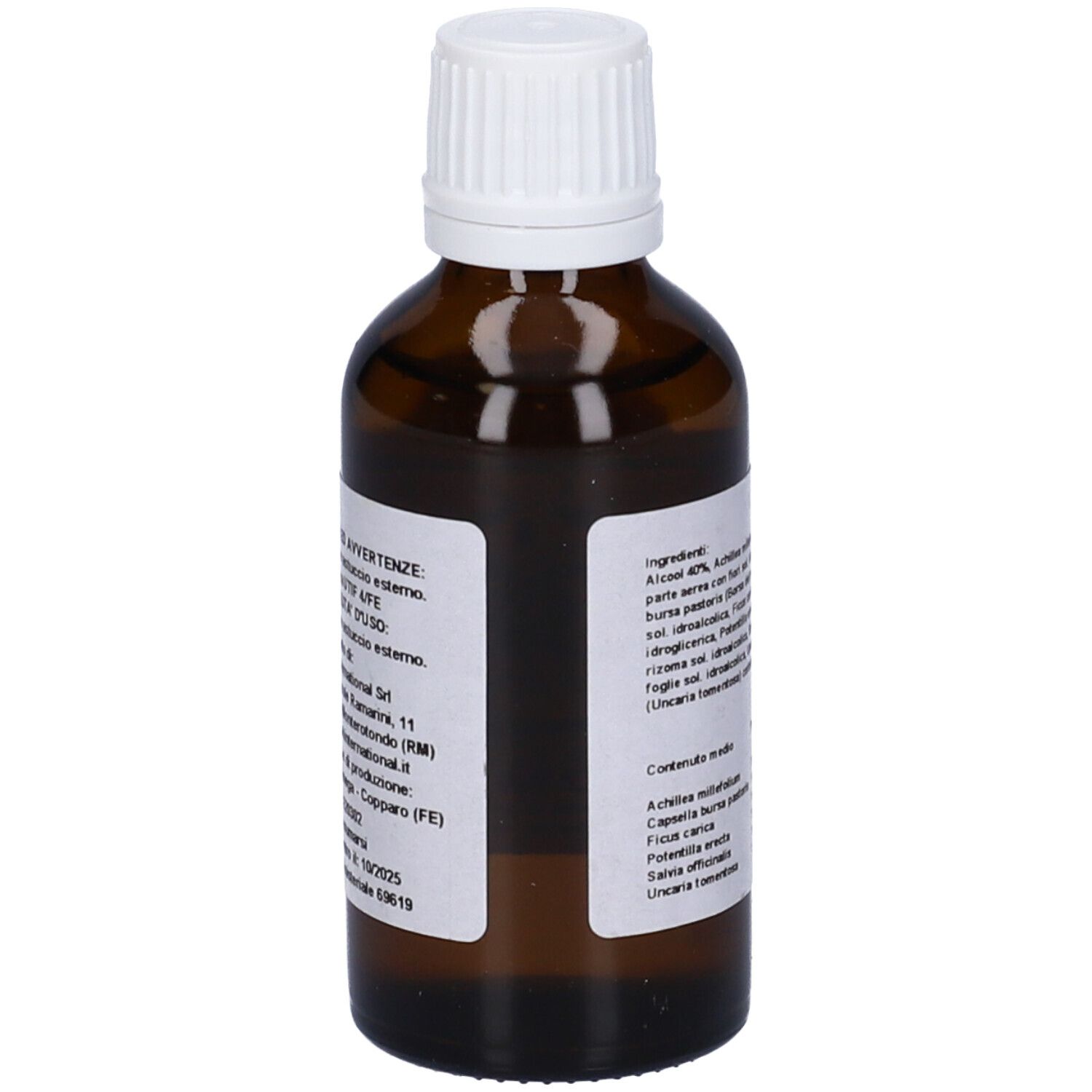 Flacone di vetro marrone con tappo bianco. Etichetta con ingredienti e informazioni del produttore.
