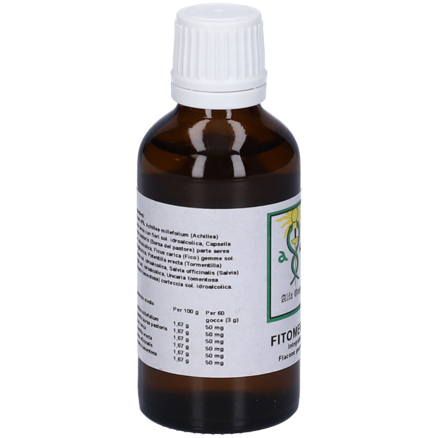 Flacone di vetro marrone con tappo bianco. Etichetta con ingredienti e informazioni nutrizionali.