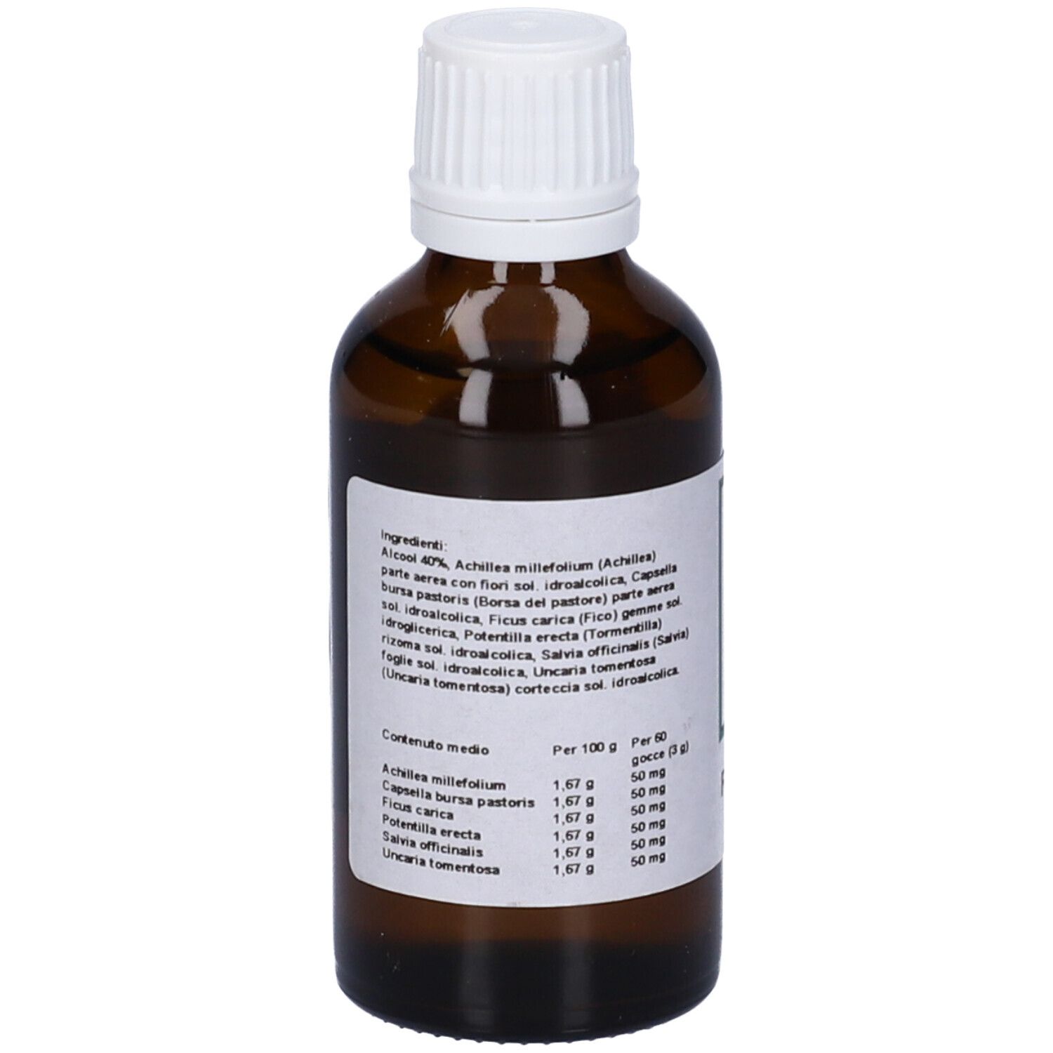 Flacone di vetro marrone con tappo bianco. Etichetta con ingredienti e informazioni nutrizionali.