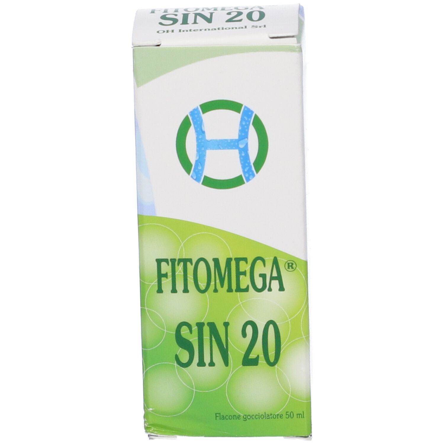 Scatola con nome del prodotto e logo. Colori verde e bianco.