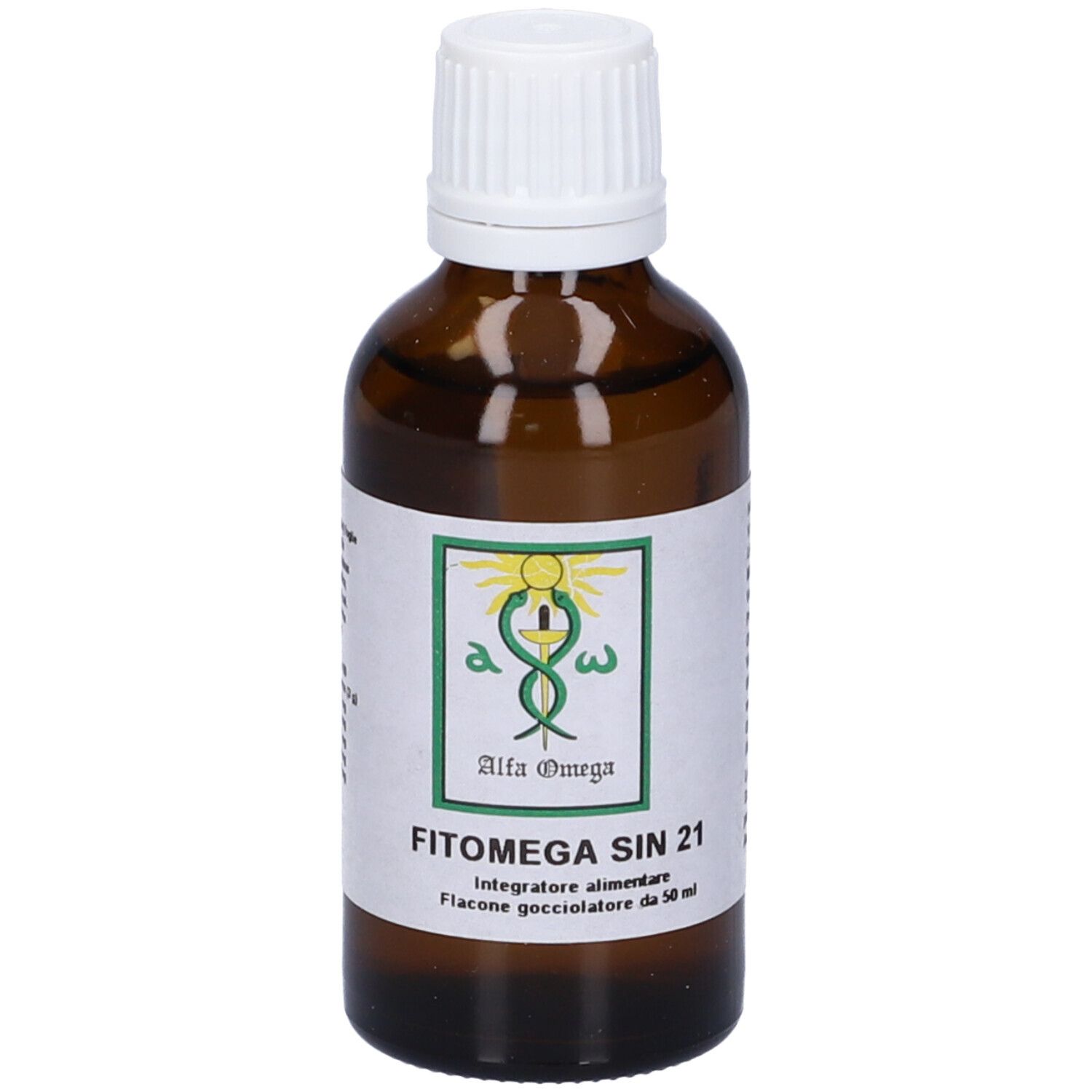 Flacone di vetro marrone con tappo bianco. Etichetta prodotto con testo. Alfa Omega e FITOMEGA SIN 21.