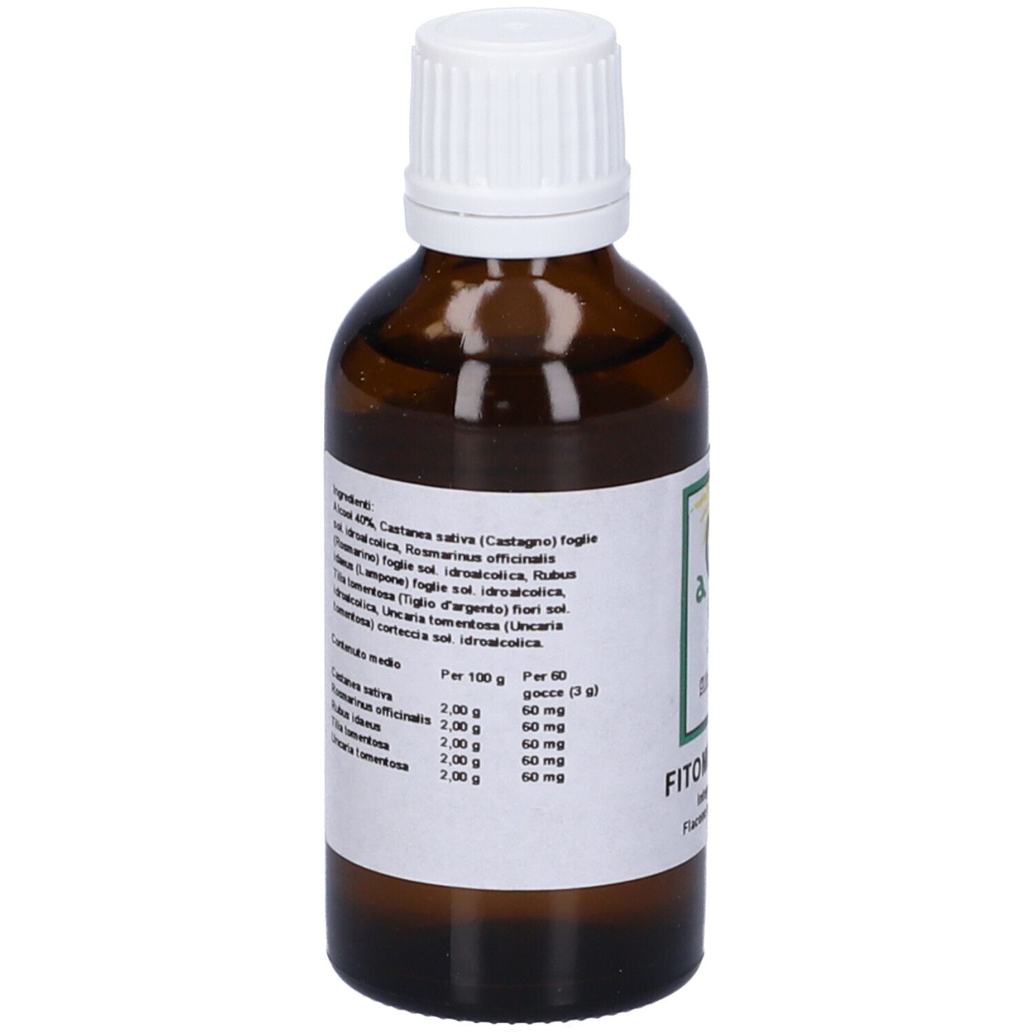 Flacone di vetro marrone con tappo bianco. Etichetta prodotto con ingredienti e informazioni nutrizionali.