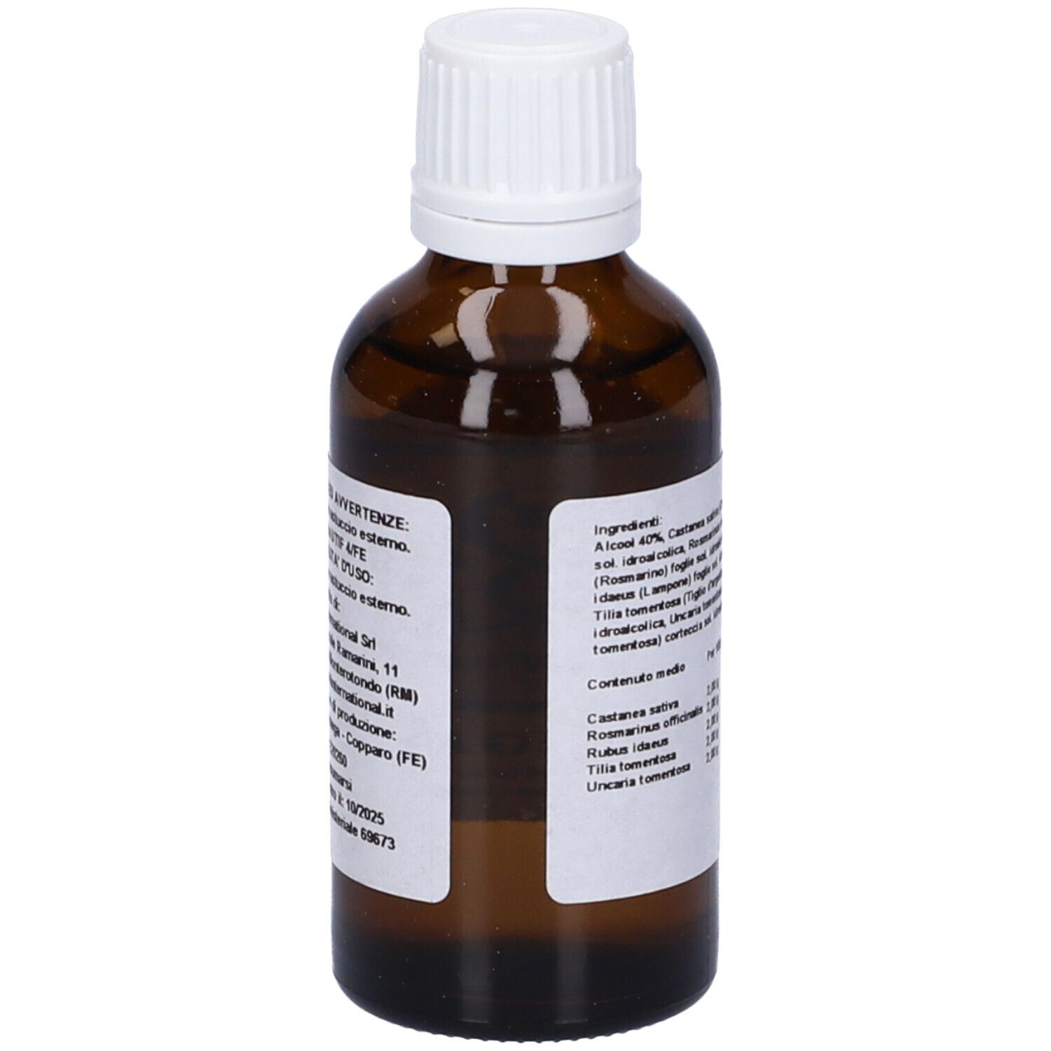 Flacone di vetro marrone con tappo bianco. Etichetta prodotto con avvertenze e informazioni del produttore.