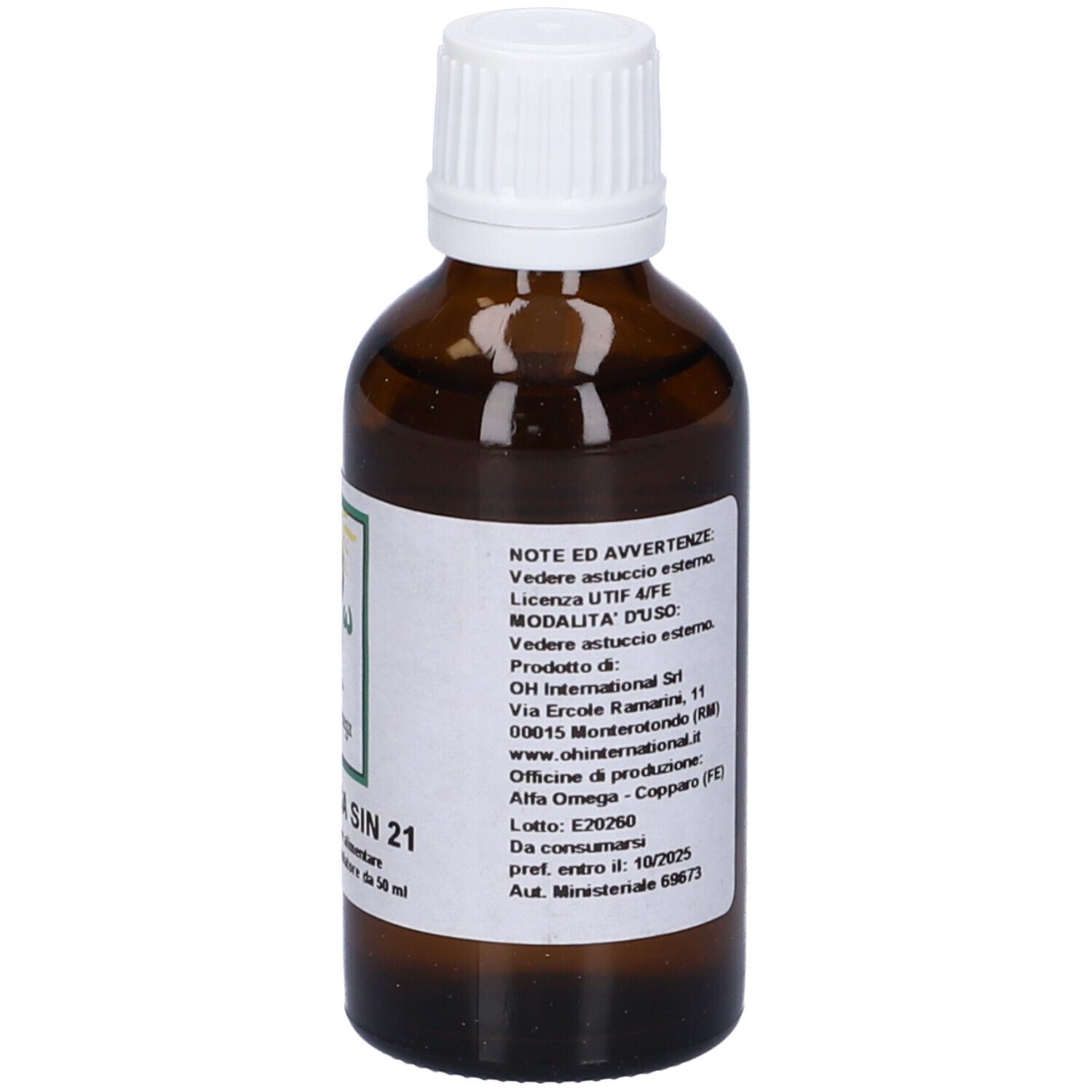 Flacone di vetro marrone con tappo bianco. Etichetta prodotto con testo. Alfa Omega e FITOMEGA SIN 21.