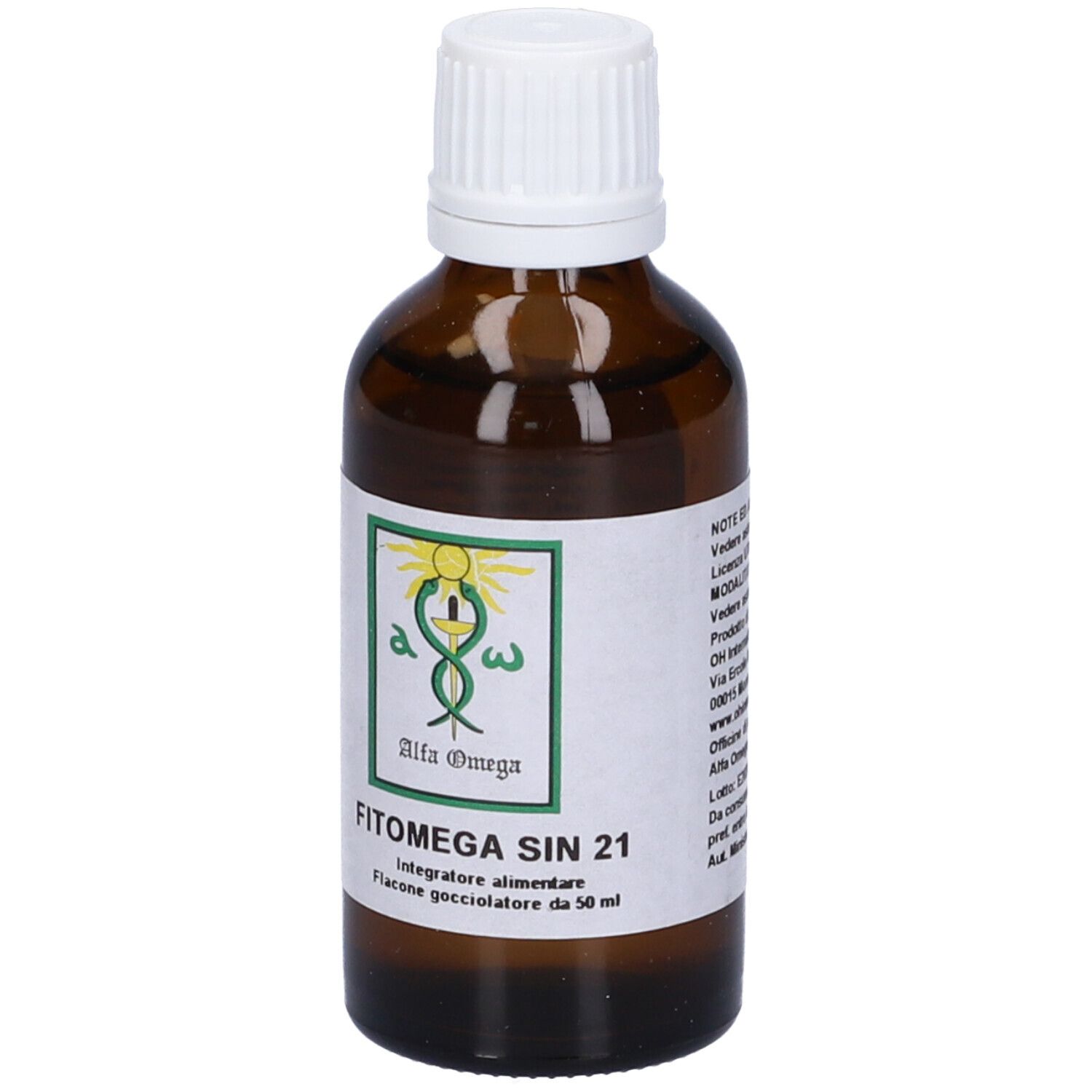 Flacone di vetro marrone con tappo bianco. Etichetta prodotto con testo. Alfa Omega e FITOMEGA SIN 21.