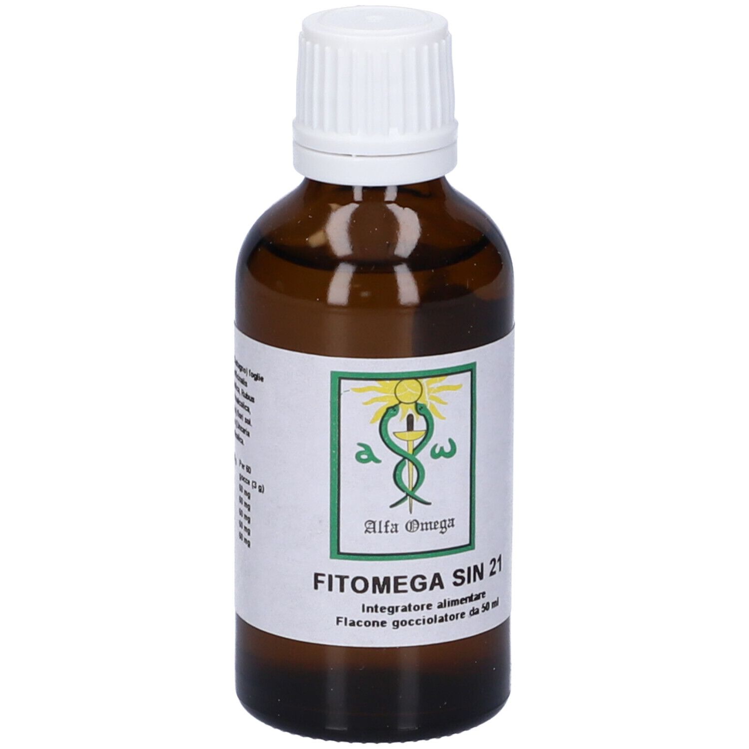 Flacone di vetro marrone con tappo bianco. Etichetta prodotto con testo. Alfa Omega e FITOMEGA SIN 21.