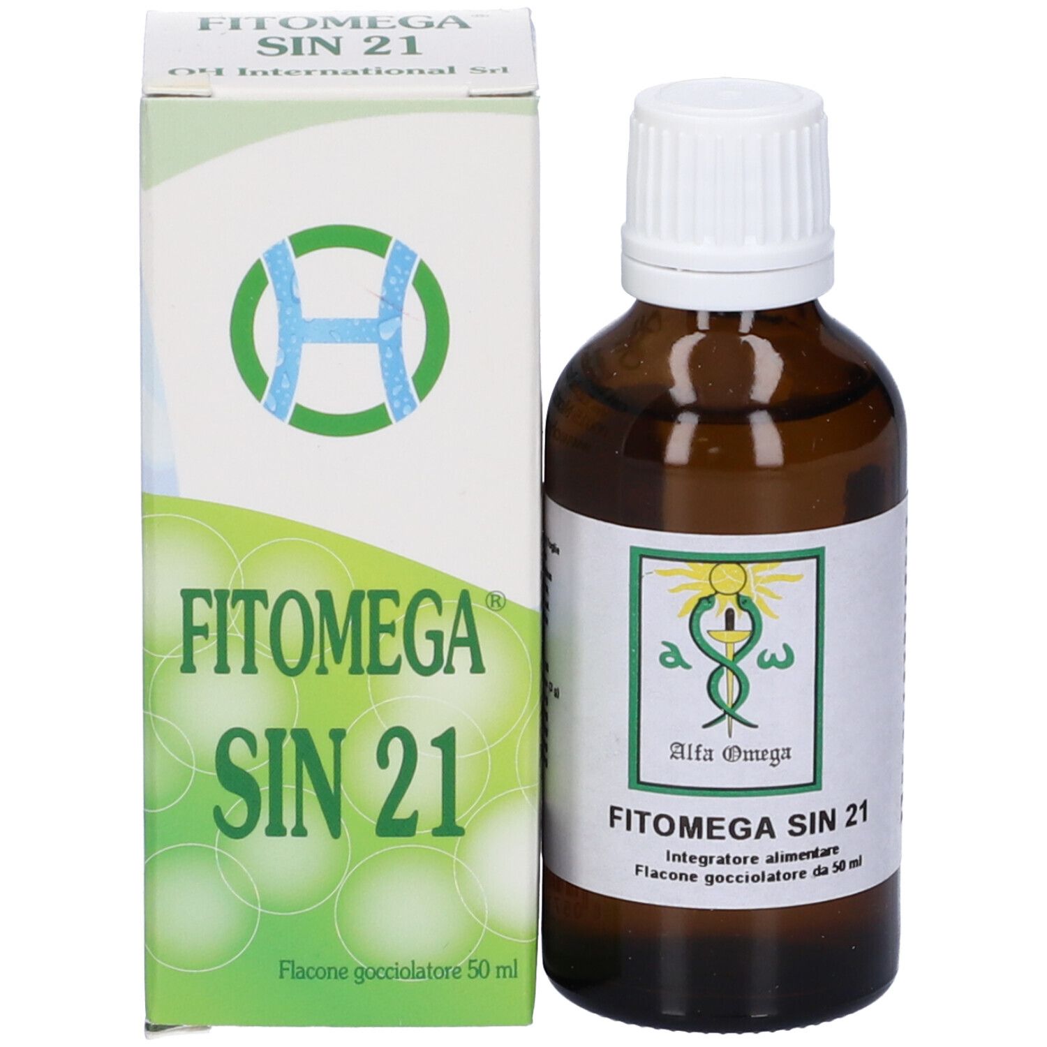 Flacone di vetro marrone e scatola. Nome prodotto FITOMEGA SIN 21. Flacone con tappo bianco.