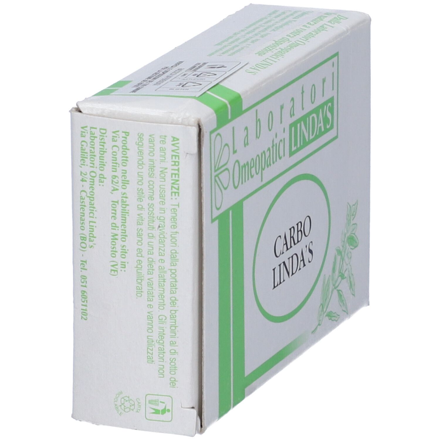 Scatola bianca, vista laterale. Strisce verdi e testo. Visibili "Laboratori Omeopatici LINDA'S" e "CARBO LINDA'S".