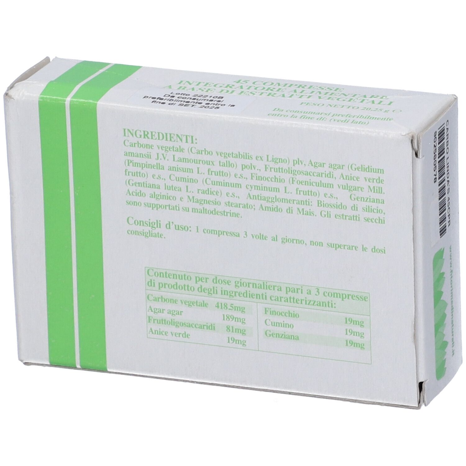 Scatola bianca, retro. Testo con ingredienti e dosaggio. Strisce verdi.