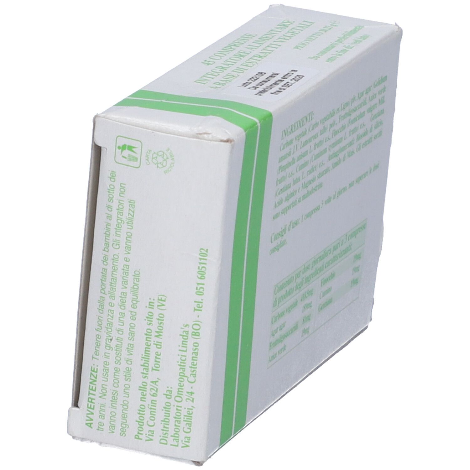 Scatola bianca, vista laterale. Testo e strisce verdi. Avvertenze e informazioni produttore.
