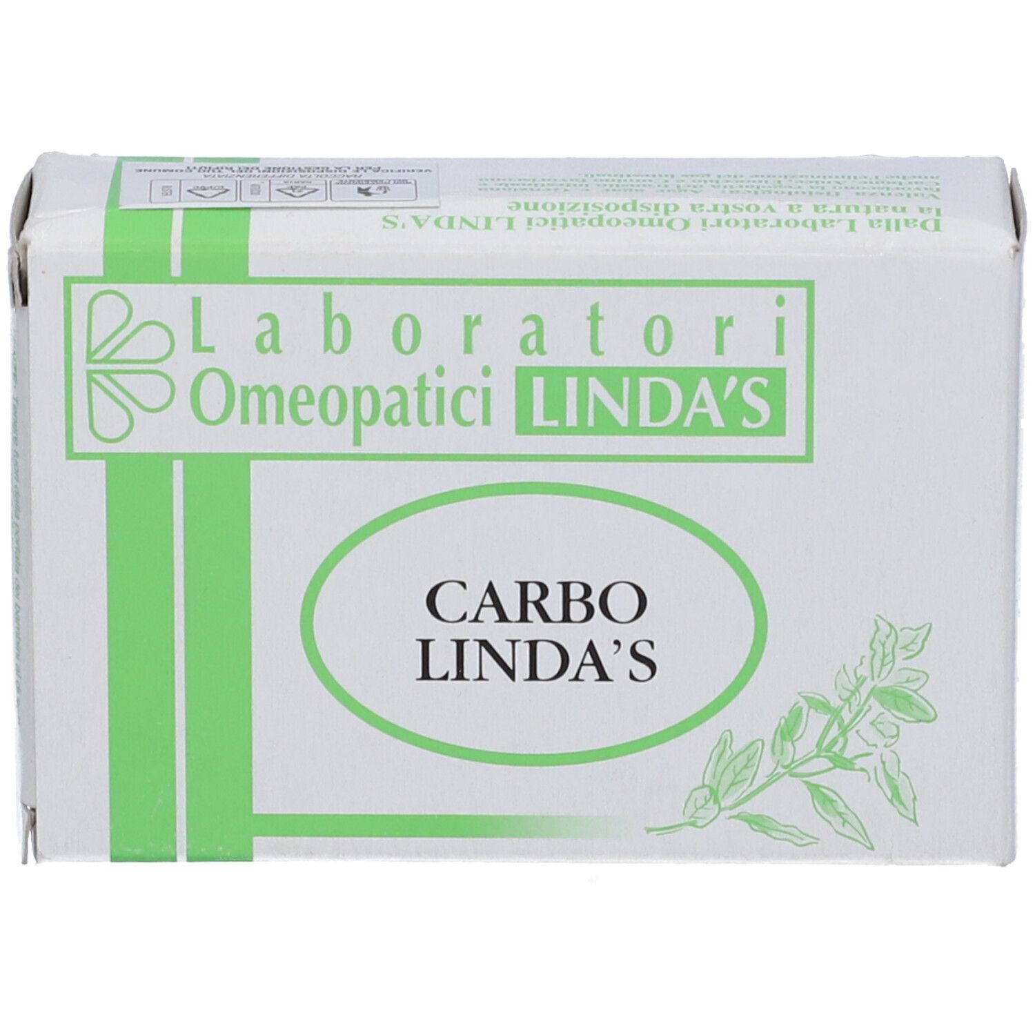 Scatola bianca con strisce verdi e testo. Visibili "Laboratori Omeopatici LINDA'S" e "CARBO LINDA'S".