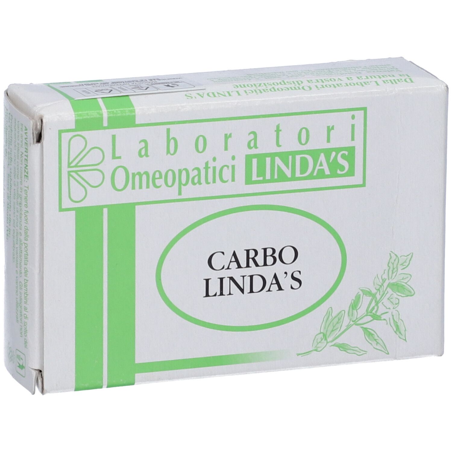 Scatola bianca con strisce verdi e testo. Visibili "Laboratori Omeopatici LINDA'S" e "CARBO LINDA'S".