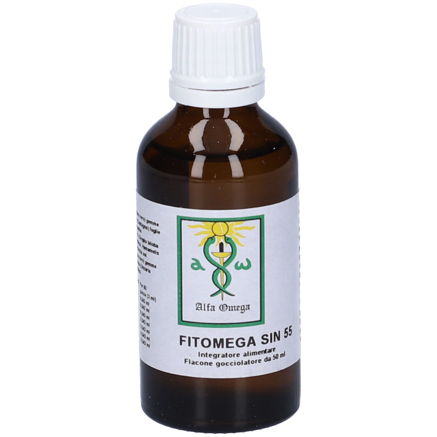 Flacone di vetro marrone con tappo bianco. Etichetta con nome e logo del prodotto.