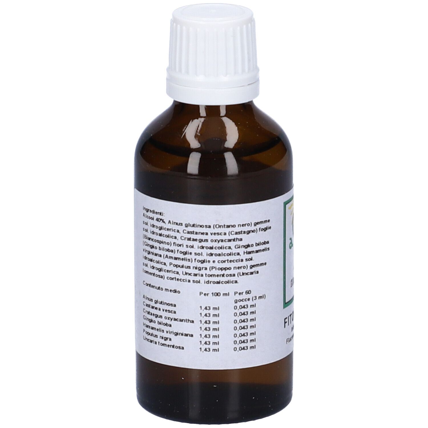 Flacone di vetro marrone con tappo bianco. Etichetta con ingredienti e nome del prodotto.