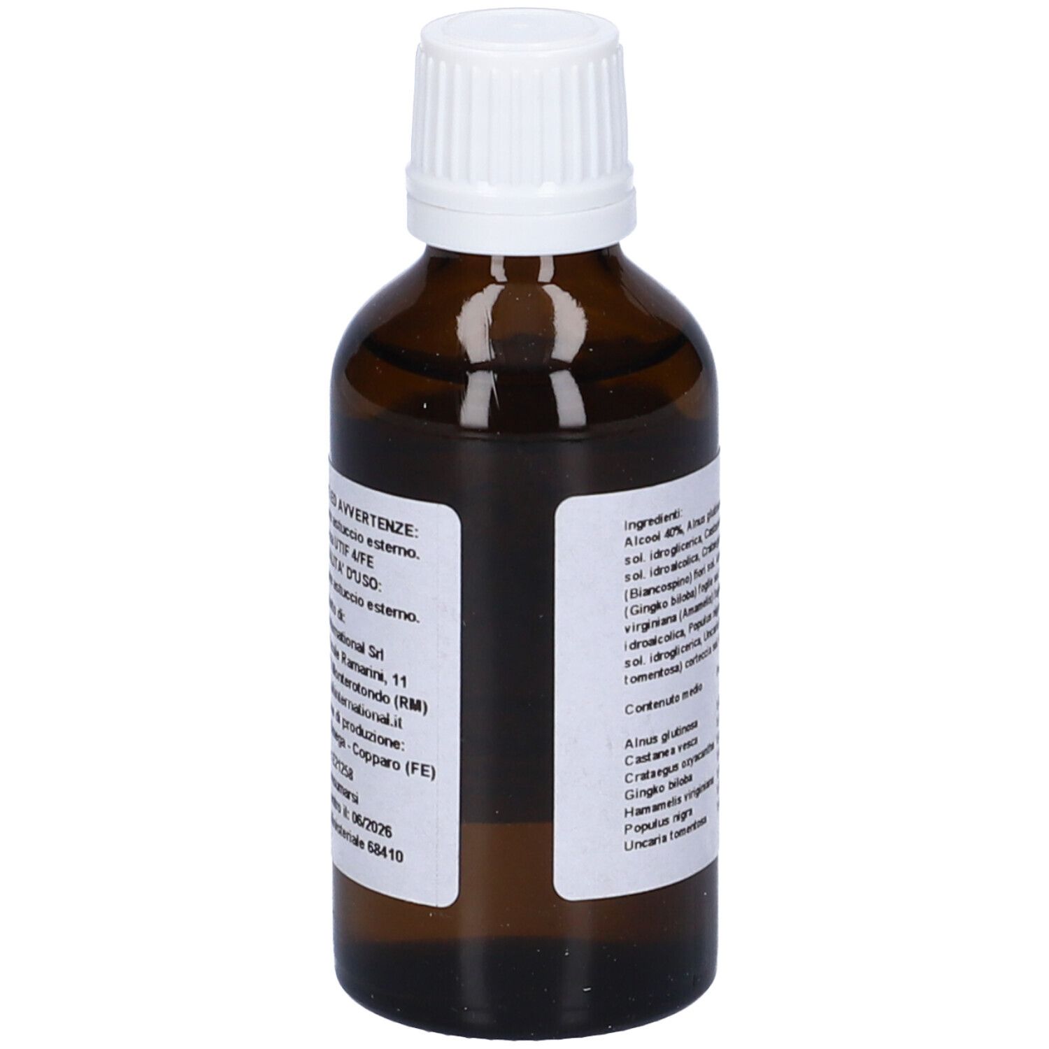 Flacone di vetro marrone con tappo bianco. Etichetta con avvertenze e nome del prodotto.