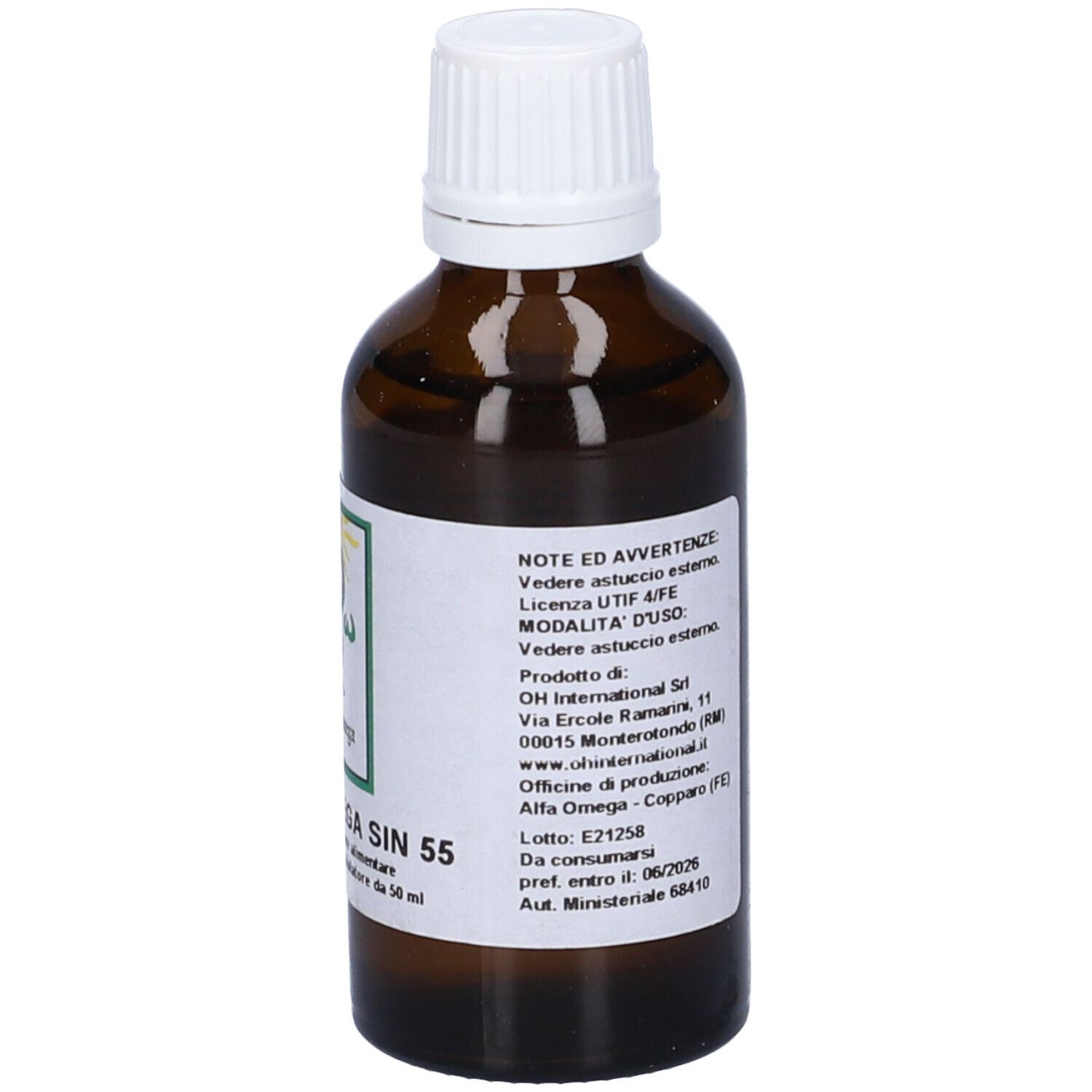 Flacone di vetro marrone con tappo bianco. Etichetta con informazioni produttore e nome.