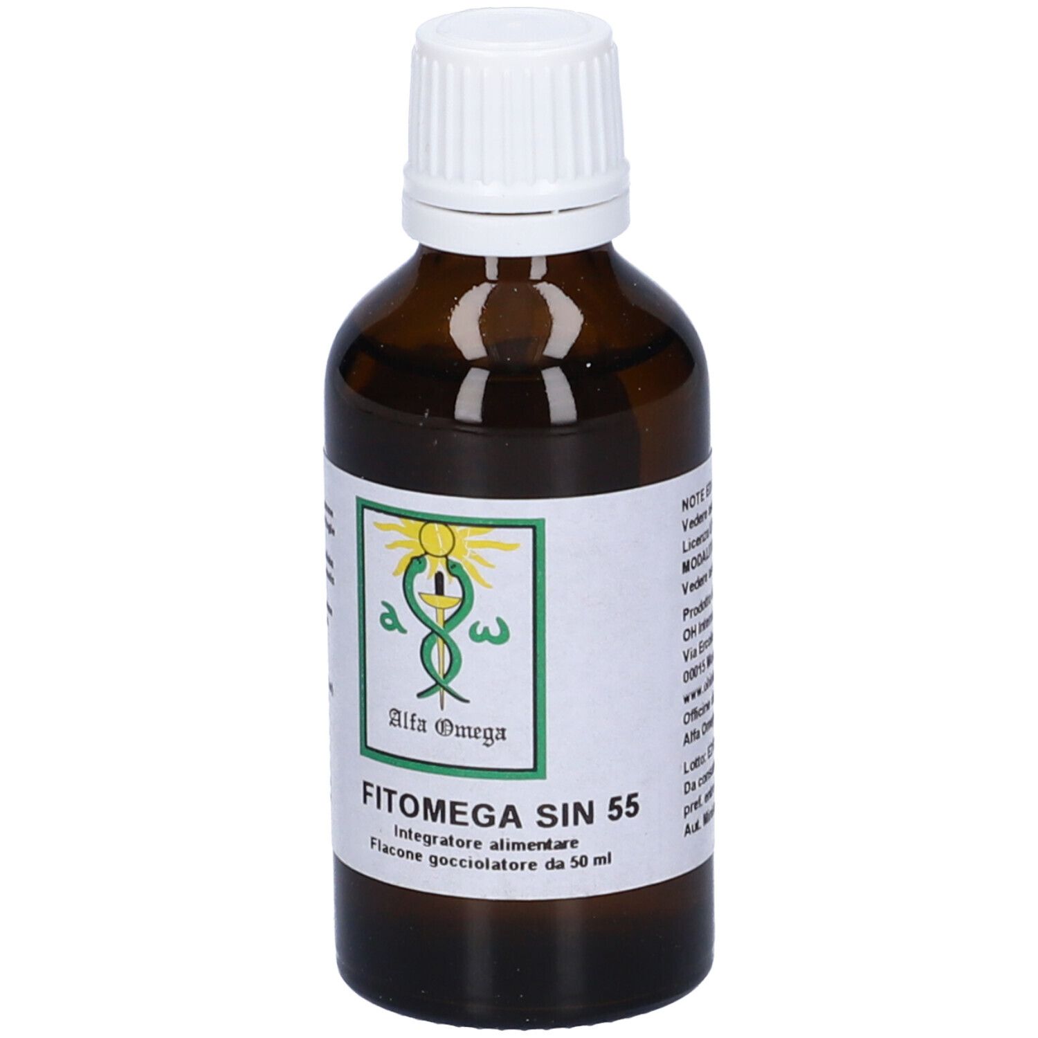 Flacone di vetro marrone con tappo bianco. Etichetta con nome e logo del prodotto.