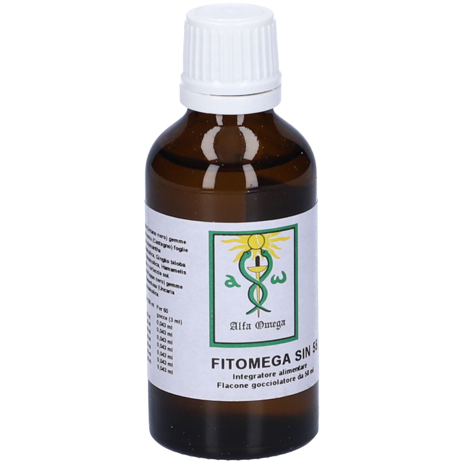 Flacone di vetro marrone con tappo bianco. Etichetta con ingredienti e nome del prodotto.