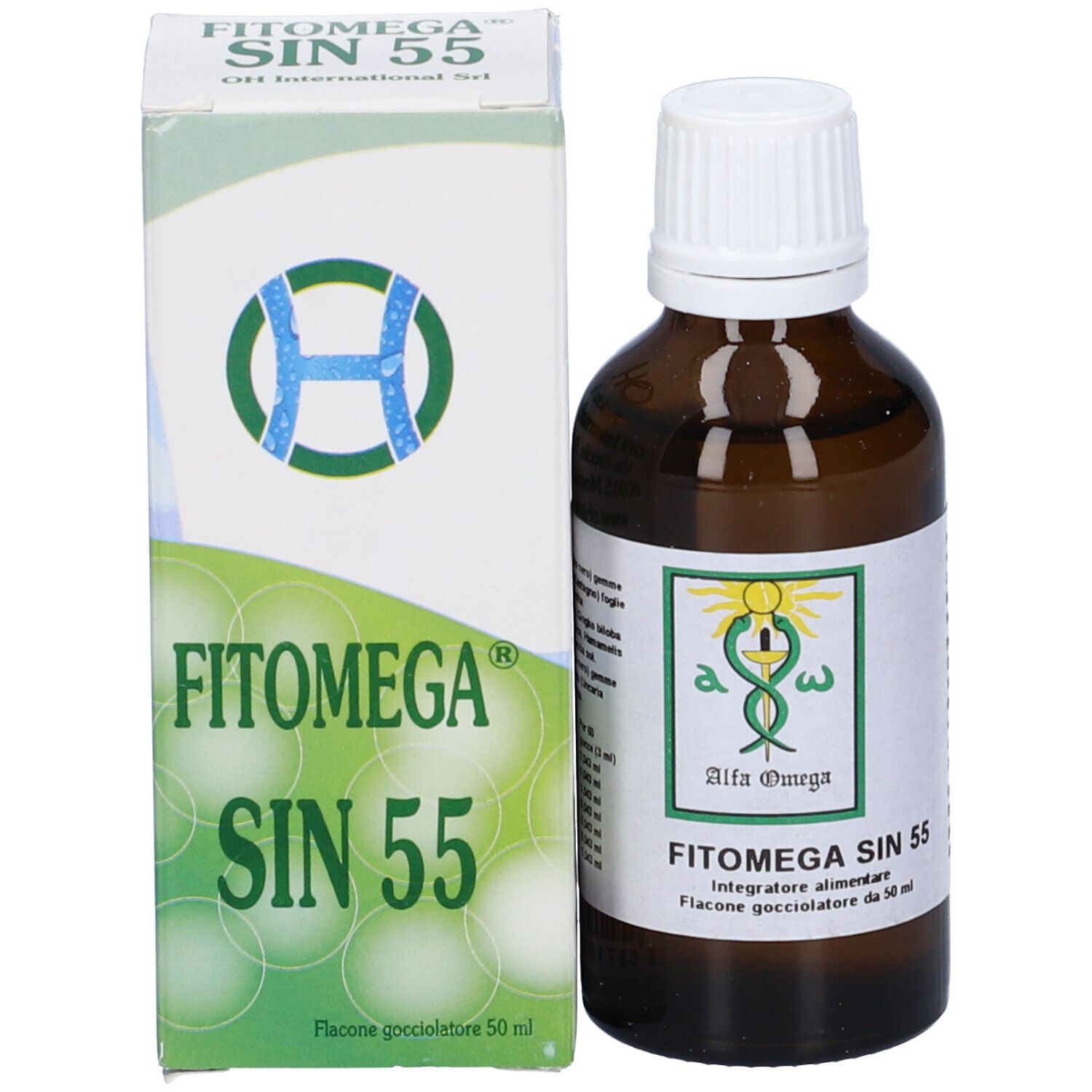 Flacone di vetro marrone e scatola. Nome e logo del prodotto su flacone e confezione.